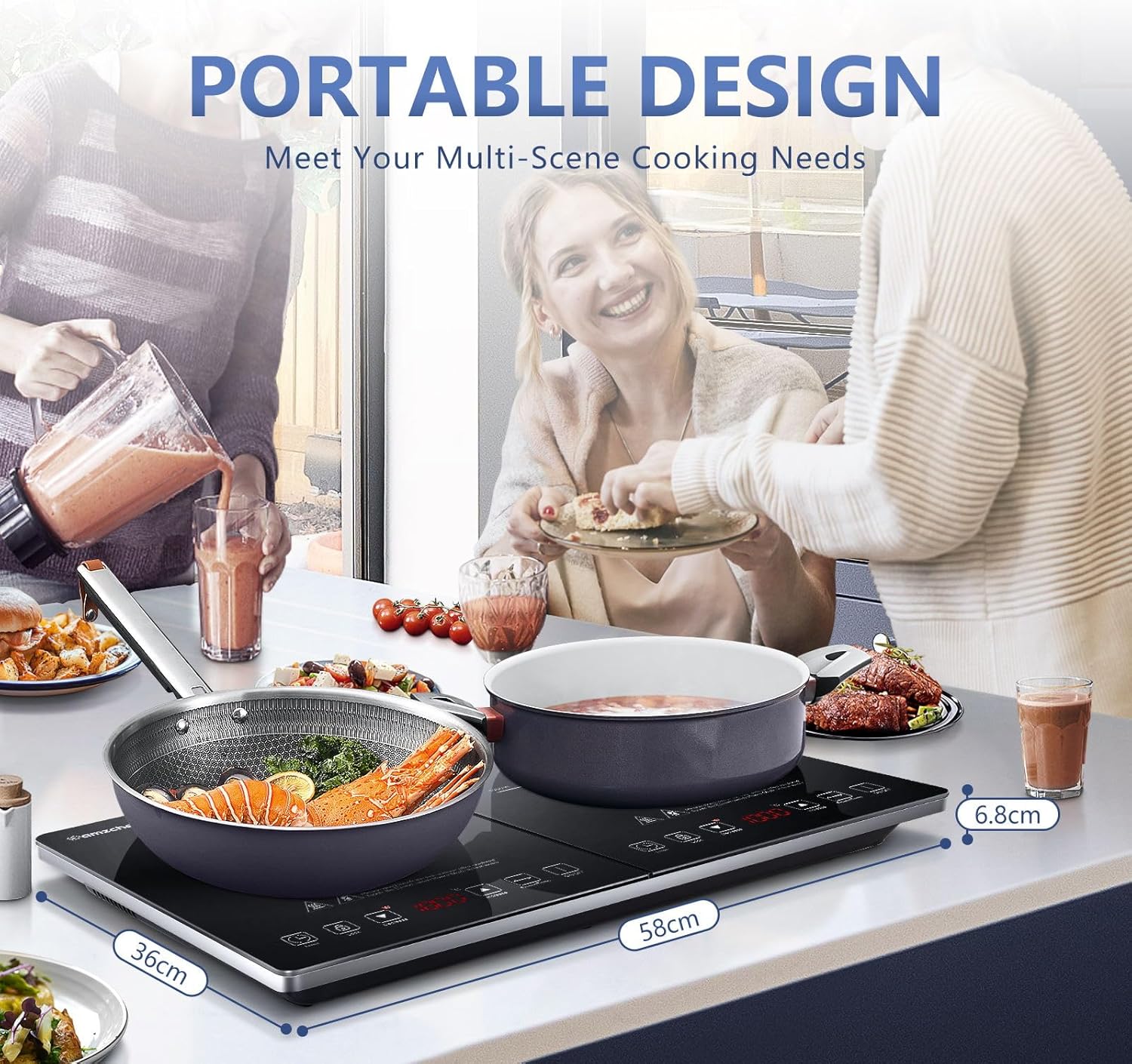 AMZCHEF Double Induction Hob, Portable Induction Cooker with Ultra-Thin Body, Independent Control, 10 Temperature Levels, Multiple Power Levels, 2800W, 3-Hour Timer, Safety Lock - Image 5