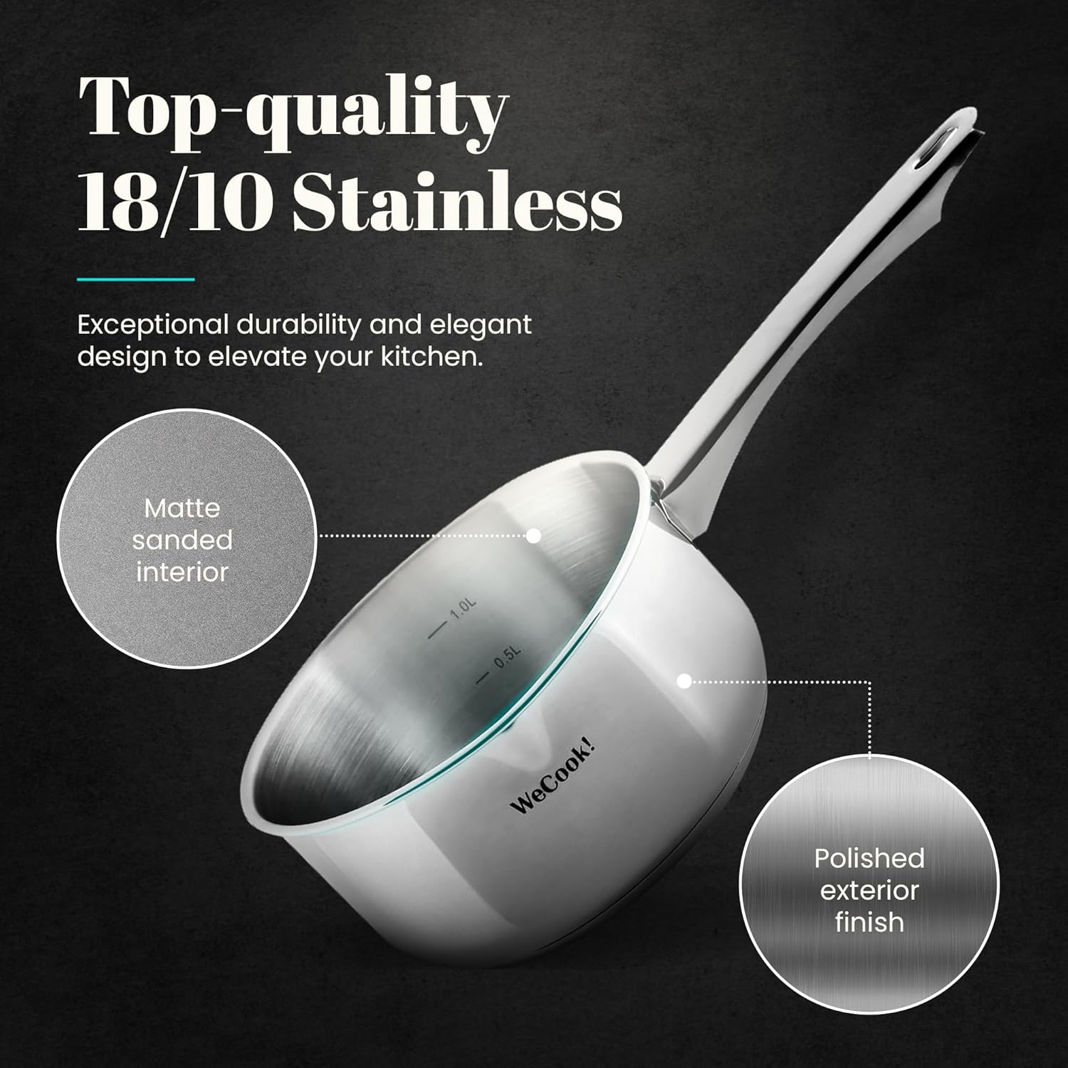 Wecook! Saucepan 12cm/0,7L, Stainless Steel Nonstick Sauce Pot for Induction, Gas and Electric Hobs, Cooking Pot with Spout and Practical Measuring Scale. - Image 3