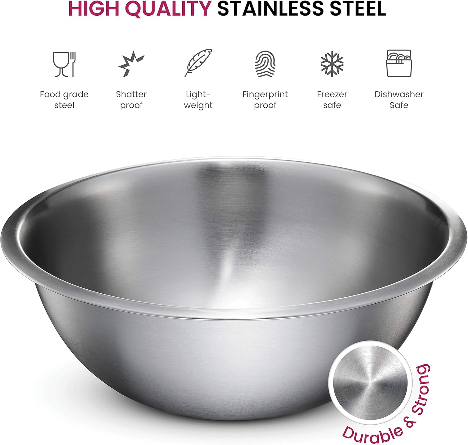 FineDine Mixing Bowls Set - 5-Piece, Easy-Grip, Stainless Steel Mixing Bowls for Baking, Cooking, Salad & Food Prep - Large, Medium and Small Metal Nesting Bowls - Image 6