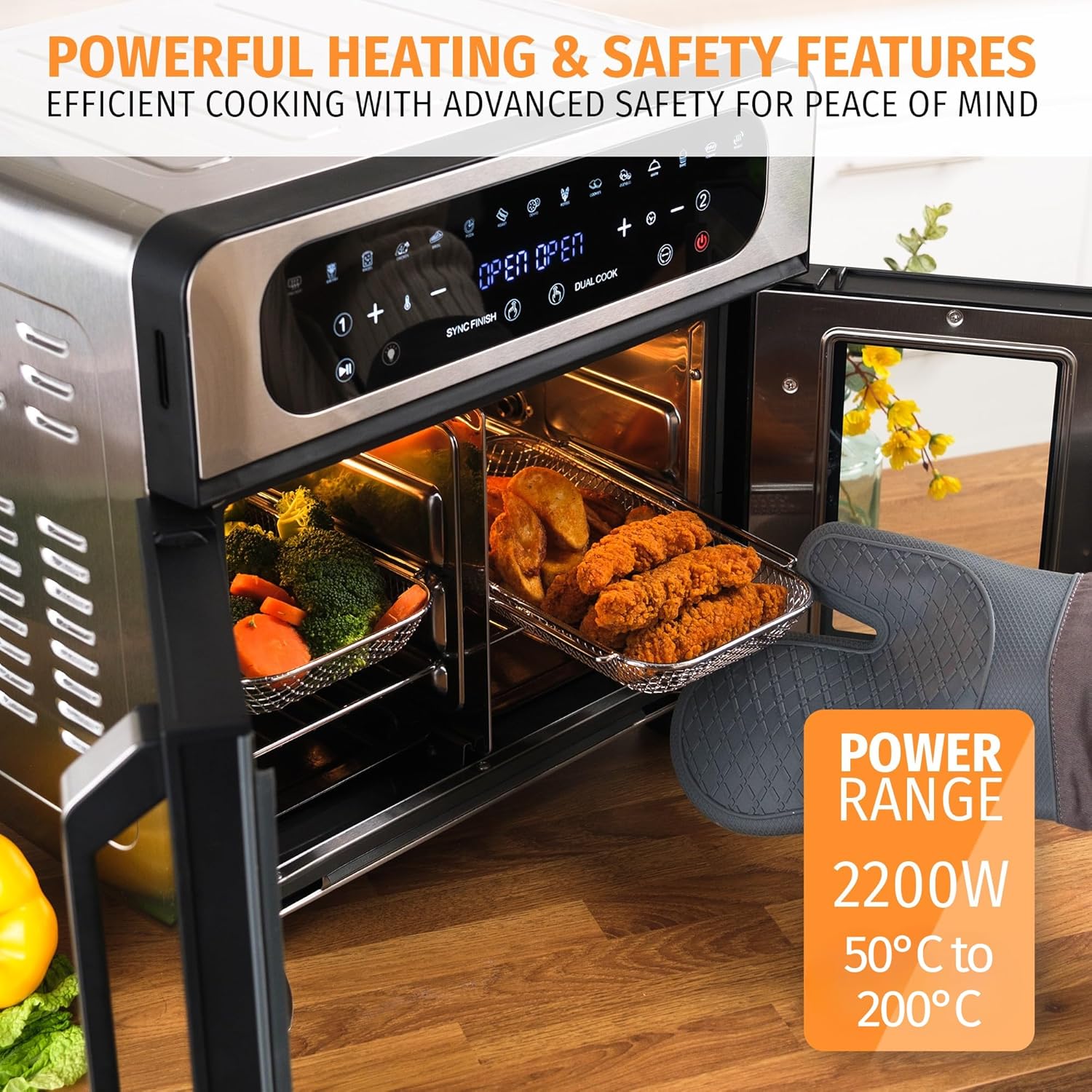 Nyxi 20L Air Fryer Oven with Dual French Glass Doors, Visual Window, 13 Cooking Modes, Digital Control, Adjustable Temperature, Timer, Non-Stick Tray, 12 Accessories, Stainless Steel - Image 2