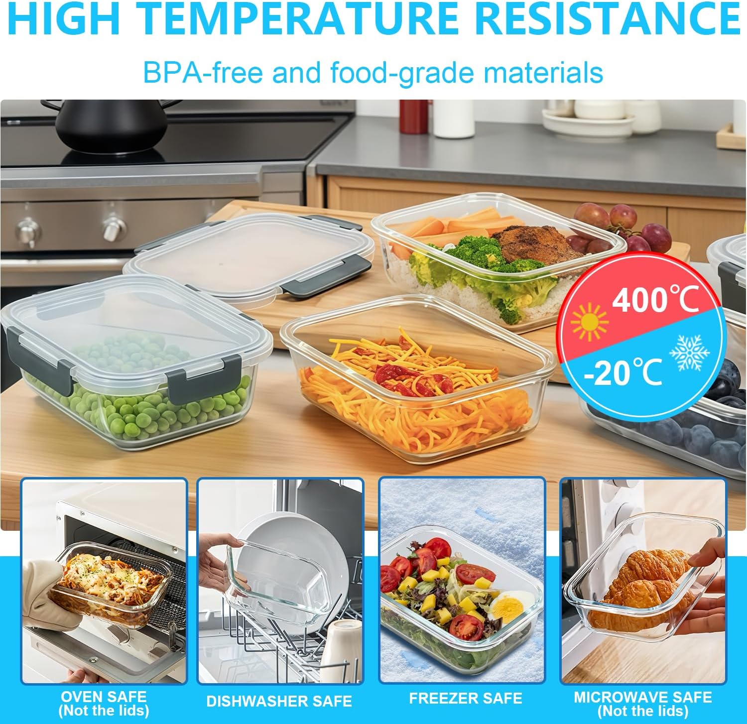 KUMD 20-Piece Set (10-Pack) Borosilicate Glass Meal Prep Containers with Upgraded Detachable Locking Lids - 5 Large (1040ml) & 5 Small (370ml) Lunch Boxes, Microwave/Oven/Freezer Safe - Image 2