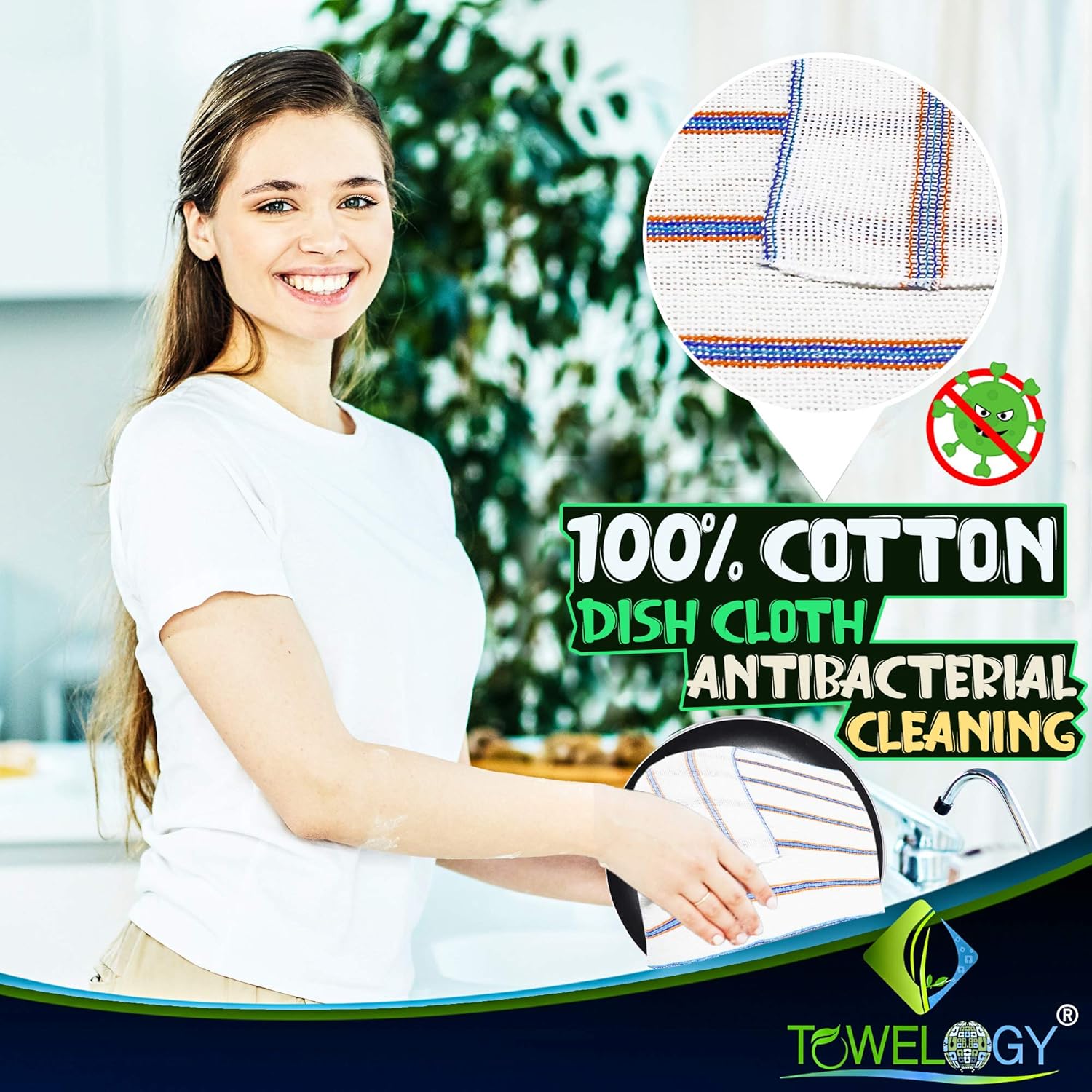 Towelogy® 5 Pack Cotton Dish Cloths Waffle Weave White Super Absorbent LINT FREE QUICK DRY Striped Kitchen Tea Towels Dishcloths for Washing Up Machine Washable 35x40cm (White Blue/Orange Stripes) - Image 4