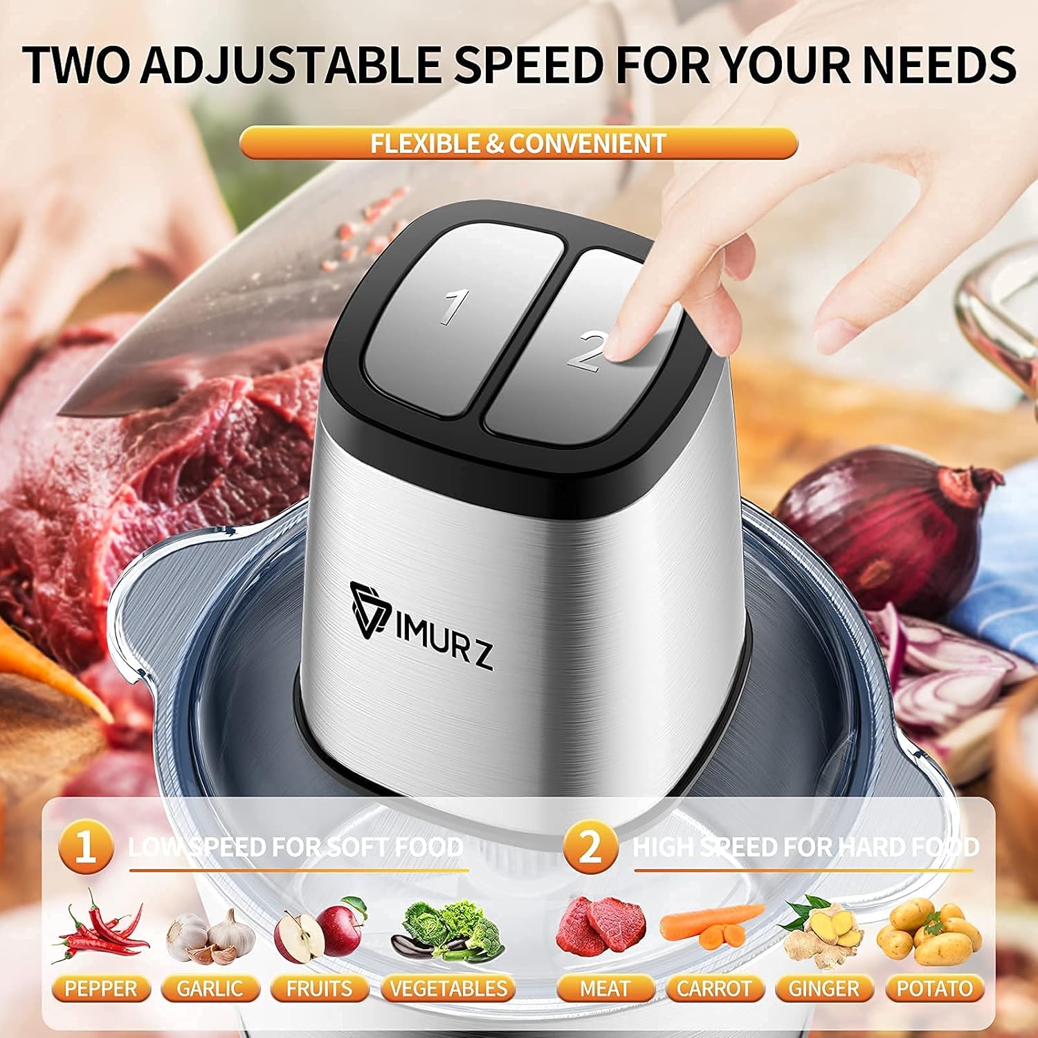 Mini Chopper Electric Food Processor with 2 Litre Stainless Steel Bowl, 2 Speeds, 4 Bi-Level Blades,500W, Silver - Image 3