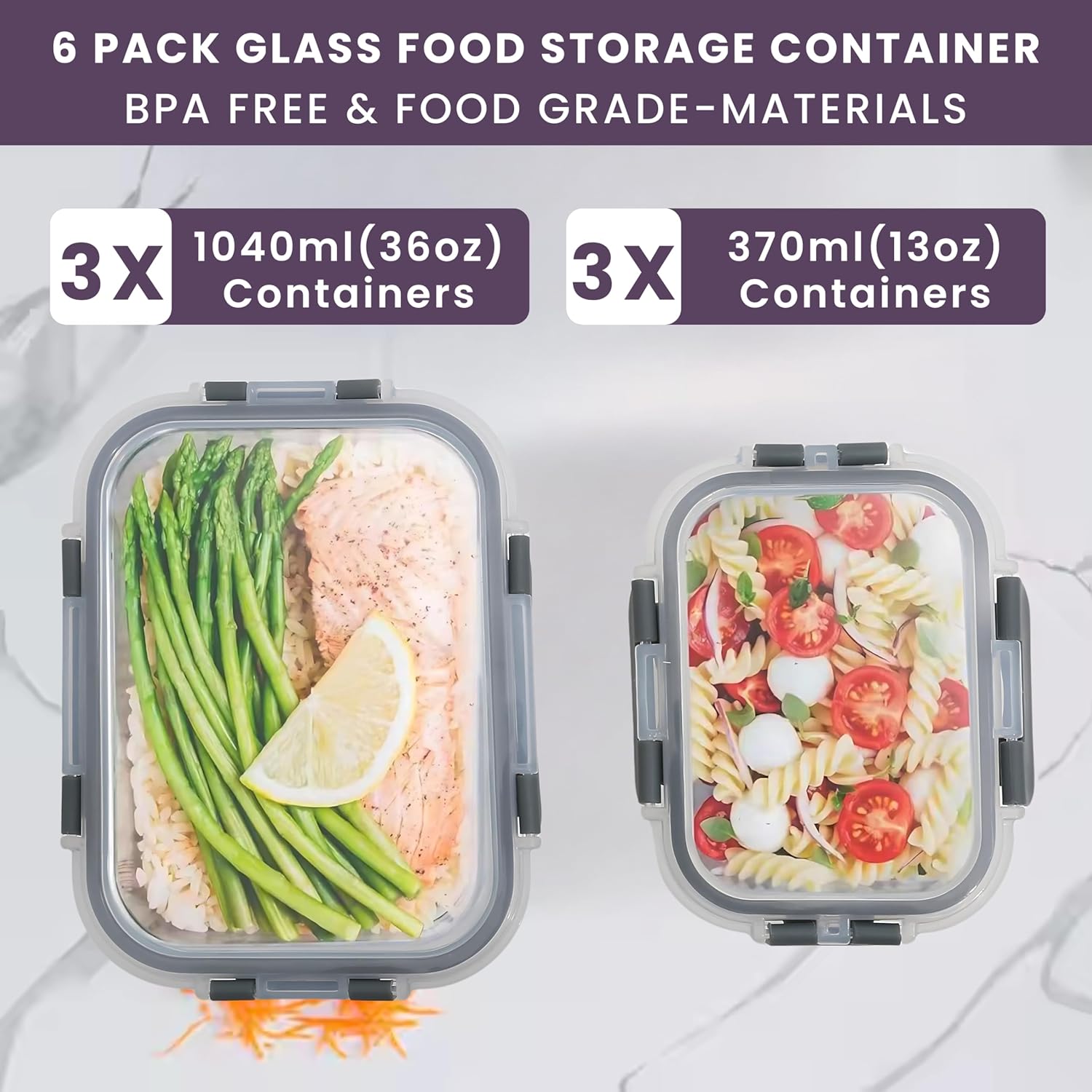 GRANZ Glass Food Storage Containers Pack Of 6 | BPA-Free Food Storage Containers, Airtight Snap Lock lid, Leak Proof Meal Prep Boxes, Stackable, Eco-Friendly, Reusable, Microwave & Dishwasher - Image 5