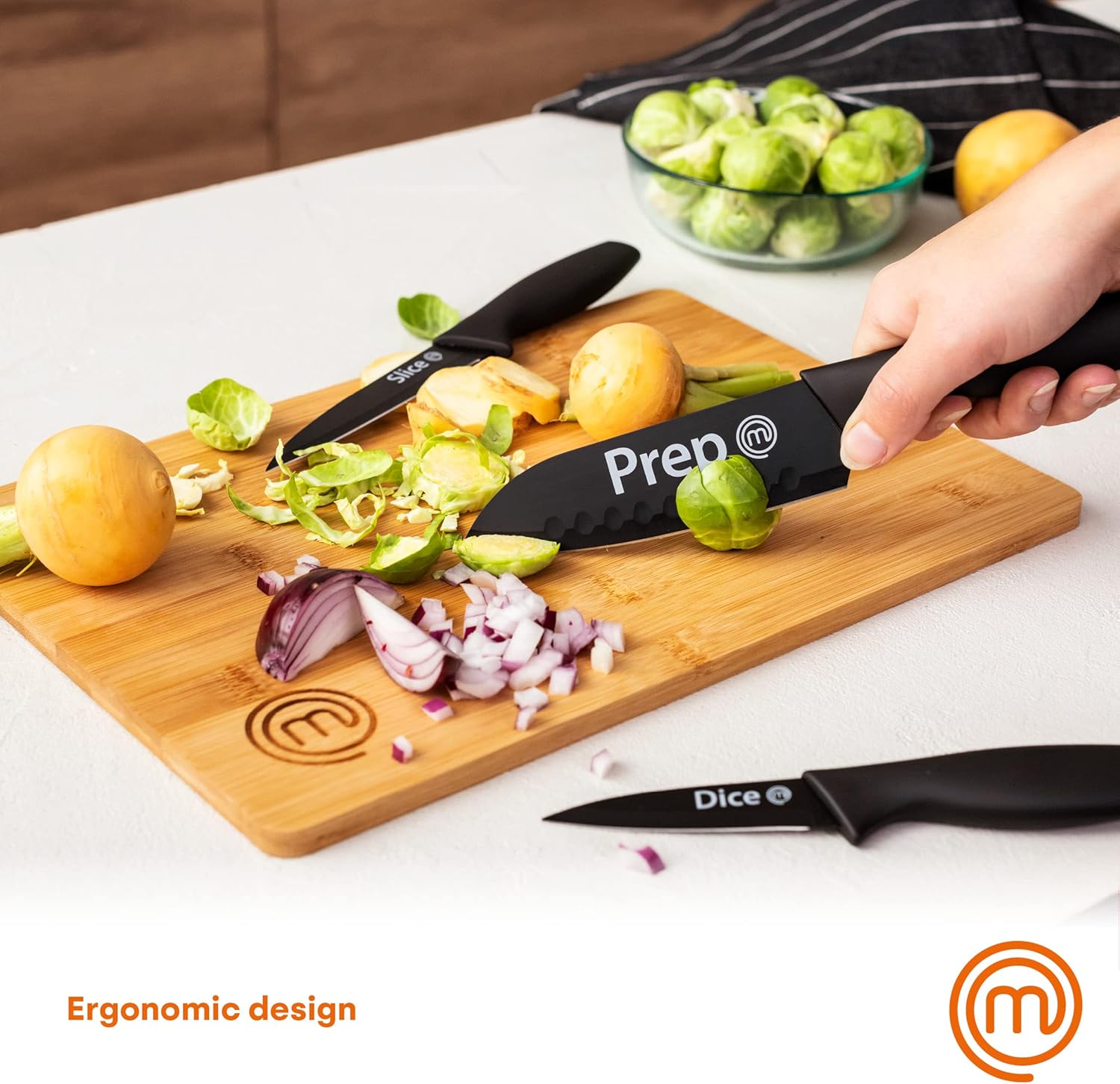 MasterChef Kitchen Knives Set of 3 for Cooking - Chef Knife, Paring Knife & Utility Knife with Professional Sharp Stainless Steel, Non Stick Coated Blades & Soft Touch Handles for Easy Grip, Black - Image 3