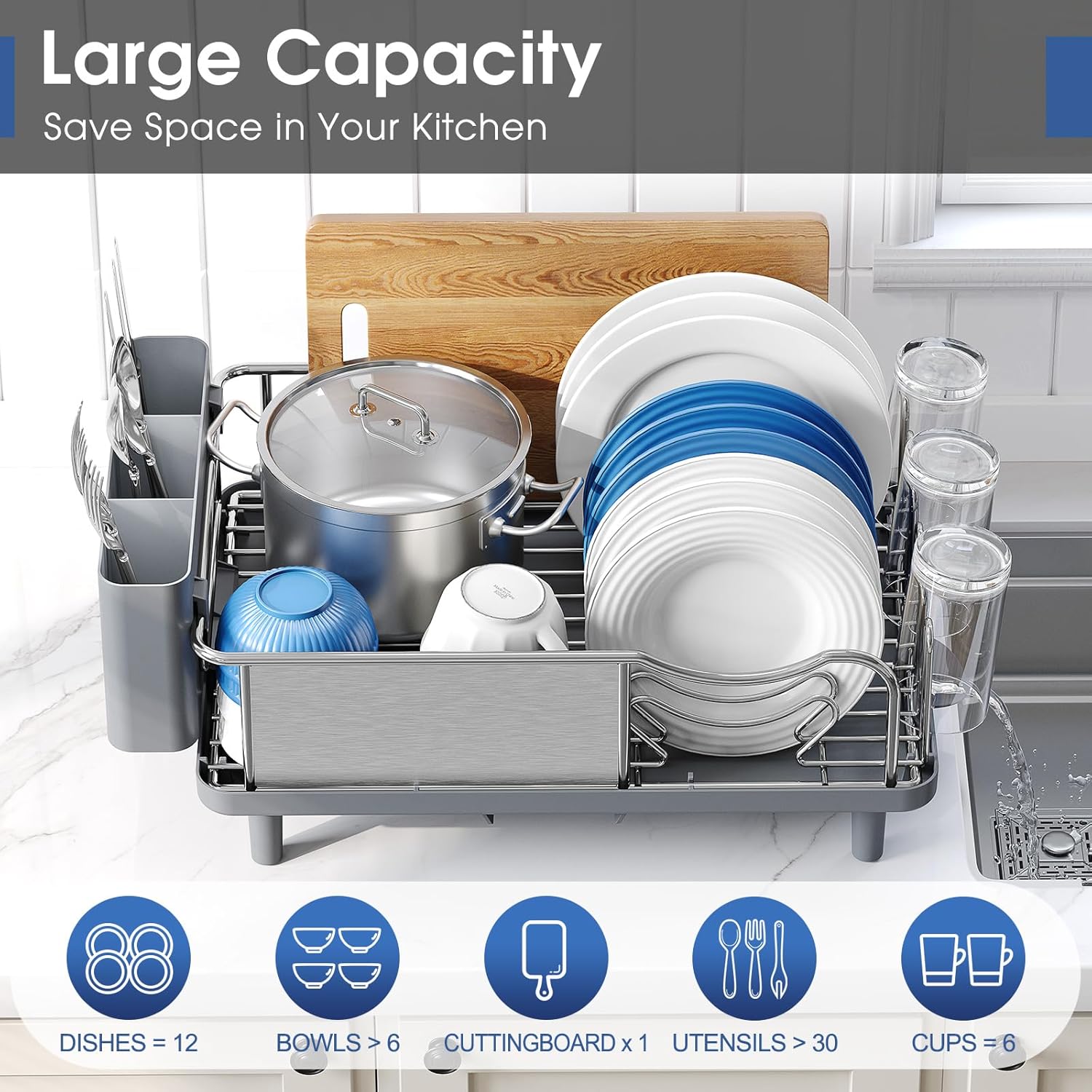 Dish Drainer Rack, Stainless Steel Dish Rack, Draining Board Rack with Anti-Rust Frame, Optional 2 Direction Spout Sink Drain Board Design, Removable Large Utensil Holder for Kitchen, Grey - Image 3