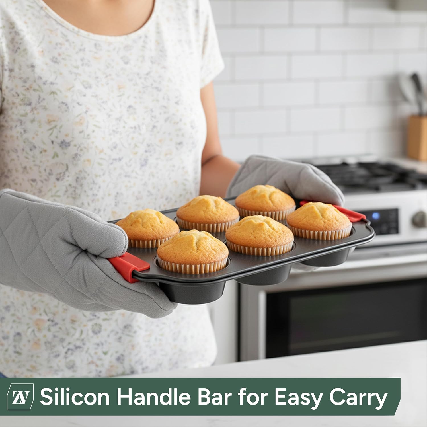 Zuvo Non-Stick 6 Cup Muffin Tray with Silicone Handles Dishwasher Safe Cupcake Pan Muffin Tray with Stain-Resistant Baking Mould for Cupcakes Bakeware, Black - Image 3