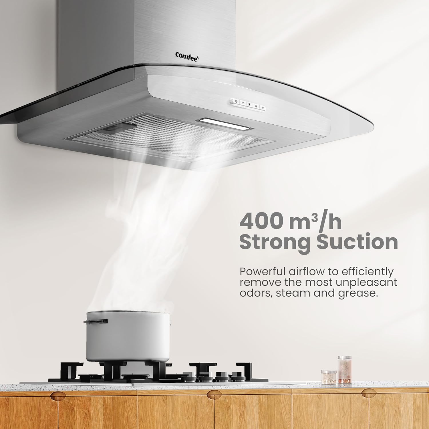 COMFEE' Chimney Cooker Hood 60cm GLAV17SS-60 with LED Light & Glass Extractor Hoods, 600mm Kitchen Extractor Fan - Stainless Steel - Image 3