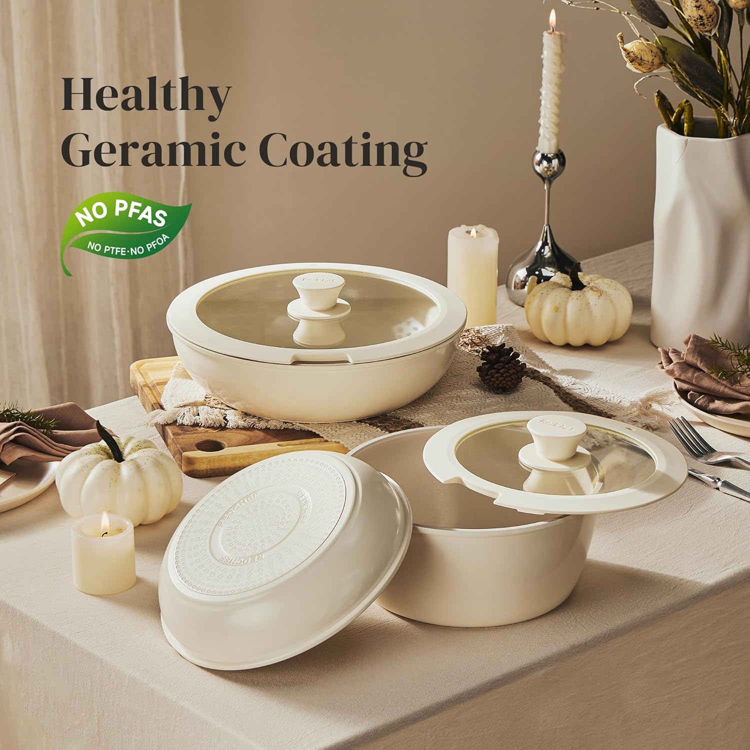 Redchef 16pcs Ceramic Pots and Pans Set Non Stick, Nonstick Kitchen Cookware Set with Detachable Handle, PFAS PFOA & PTFE Free, RV Ceramic Cookware Set for Camping, Oven Safe(Beige White - Image 5