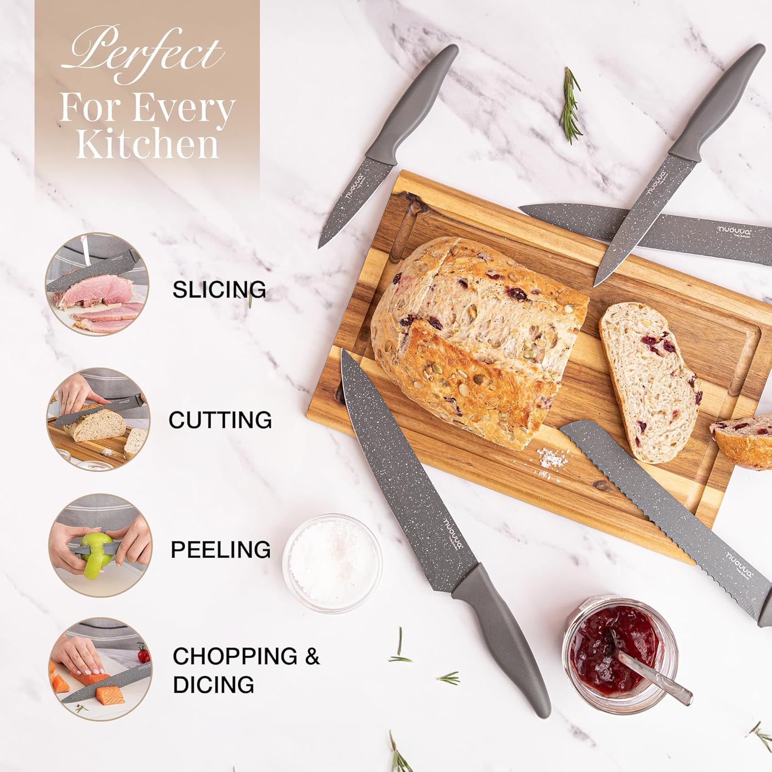 nuovva Professional Kitchen Knife Set – 5Pcs Stainless Steel Grey Granite Knife Set - Sharp & Non Stick Blades Lightweight – Chef, Bread, Utility, Filleting & Paring Tools - Image 5