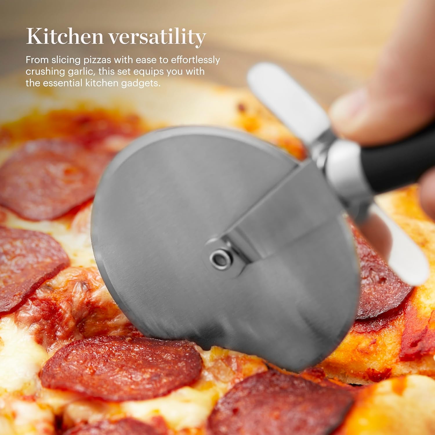 Good Food in Partnership with Tower 4Pc Gadget Set, Pizza Cutter, Y Peeler, Can Opener, Garlic Press, Stainless Steel Heads, Black, GF832253 - Image 4