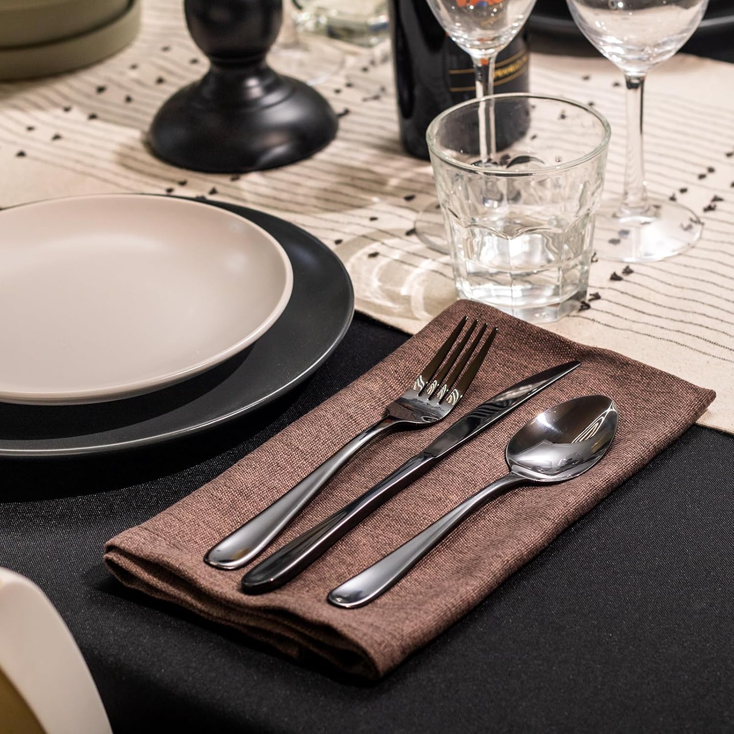 Cutlery Set,Alata Grand 24 Piece Mirror Black Stainless Steel Flatware Set, Tableware Silverware Set with Spoon Knife and Fork Set, Service for 6, Dishwasher Safe/Everyday Use,Mirror Polished - Image 3