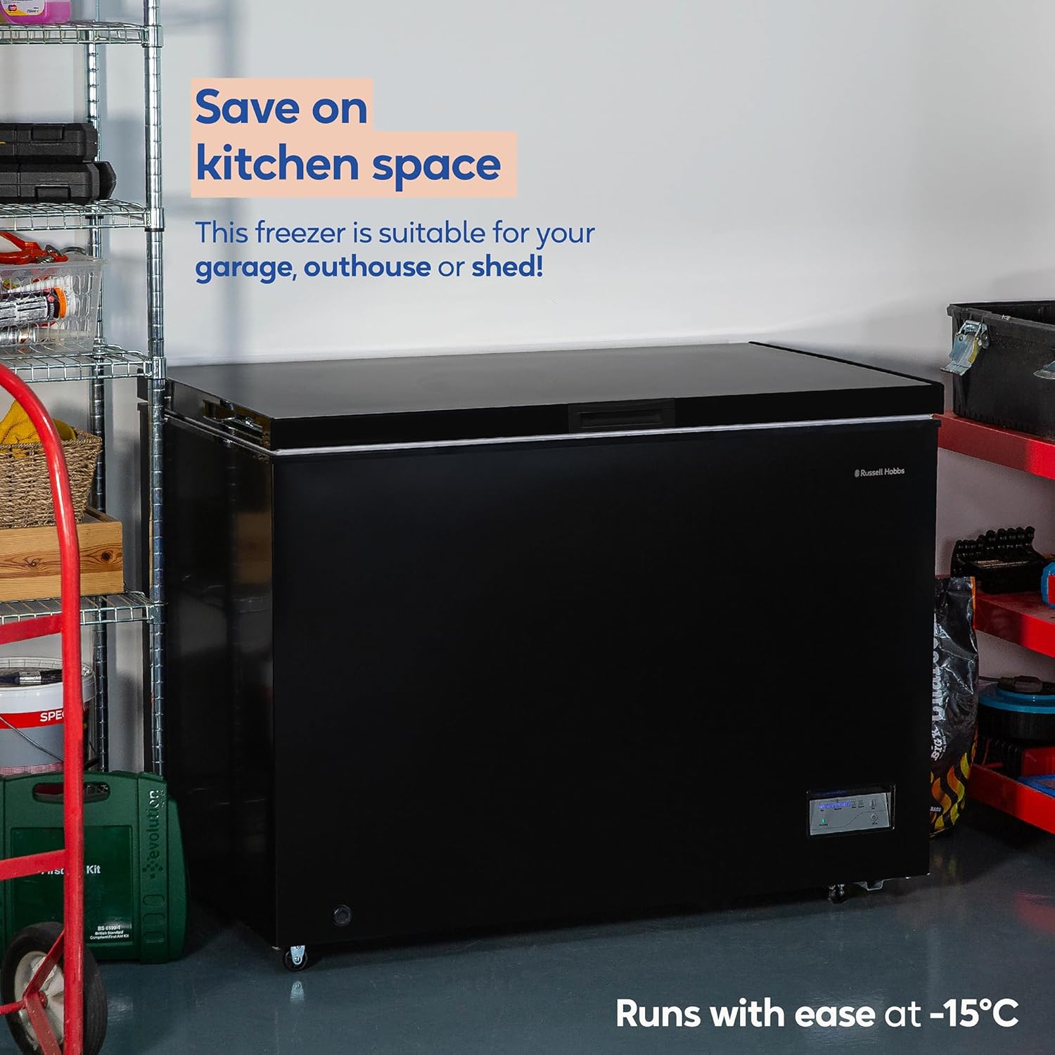 Russell Hobbs Free Standing Chest Freezer, 300 Litres, Low Noise, Garage Safe, Counterbalance Lid, Front Drain Hole, 1.8m Cord, Castor Wheels, 5 Year Registered Guarantee Black, RH300CF201B - Image 7