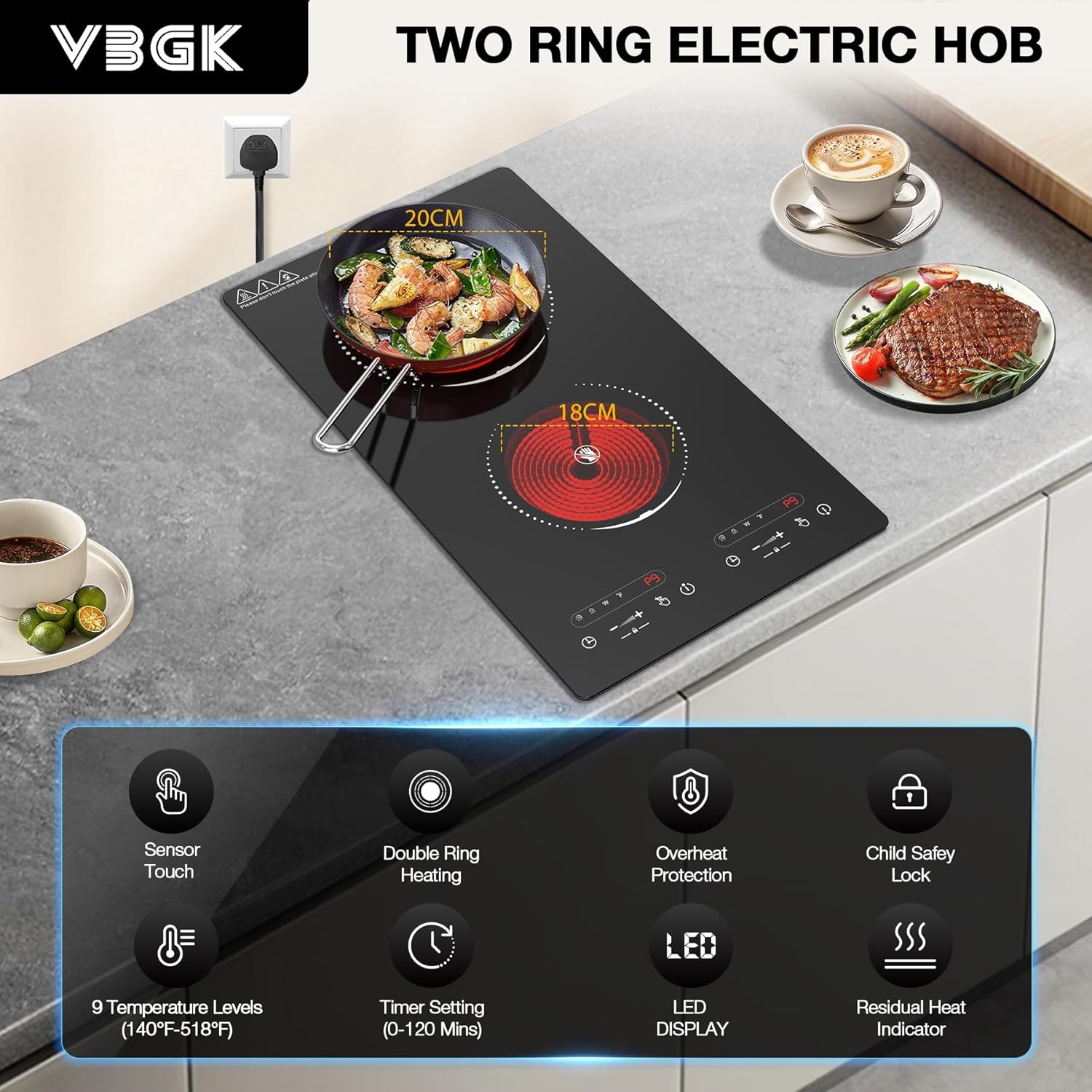 VBGK Double Ceramic Hob 3000W, Plug in 2 Ring Electric Hob with LCD Touch Control, Electric Cooktop with Safety Lock & Timer, 9 Power Levels, Built-in and Countertop 220V-240V - Image 5