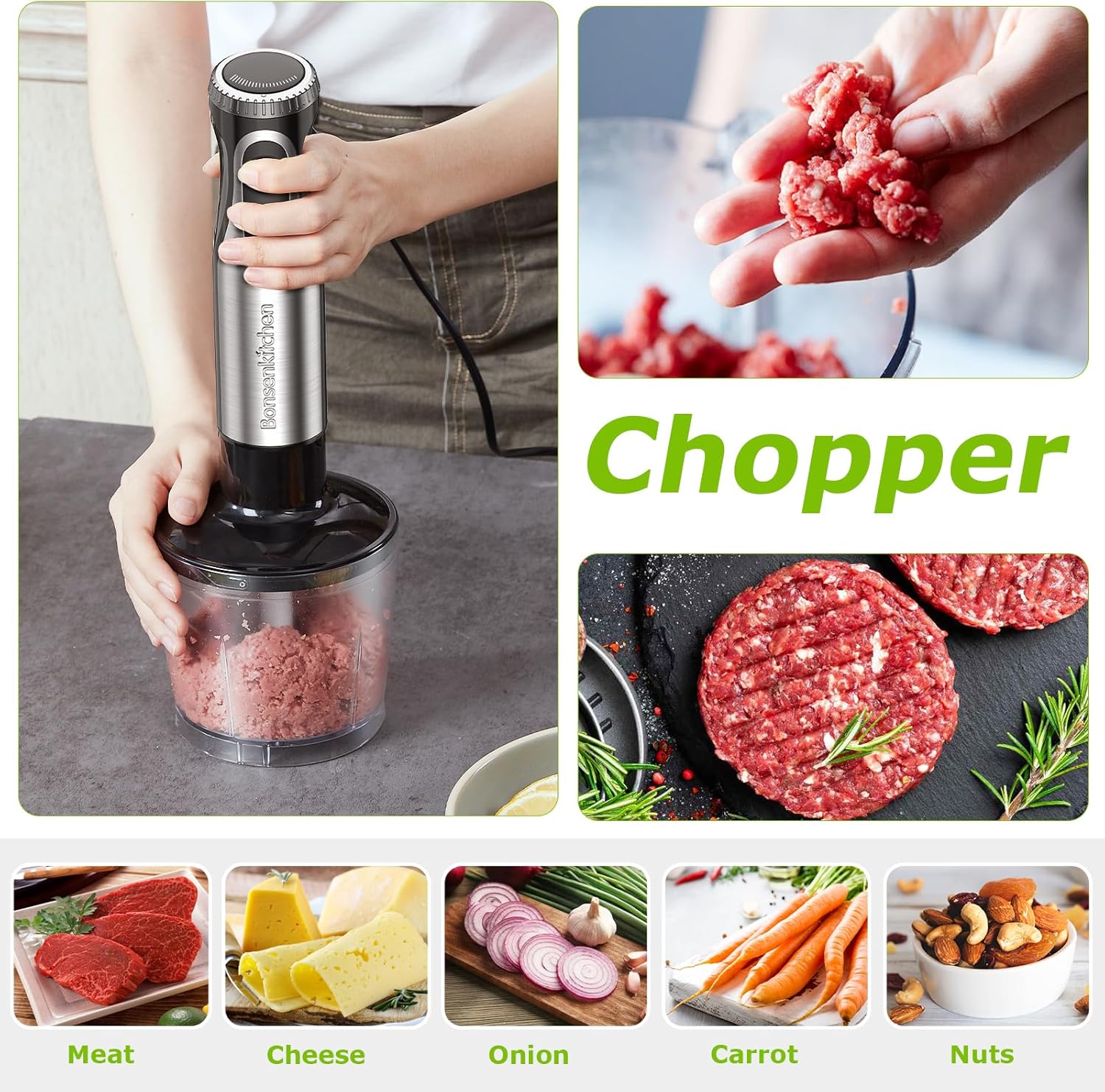 Bonsenkitchen Stainless Steel Hand Blender, 4-in-1 Stick Blender 1000W, 20 Speed Adjustable, with Whisk, 500ml Chopper and 700ml Measuring Cup, Food Processor (HB3203) - Image 5