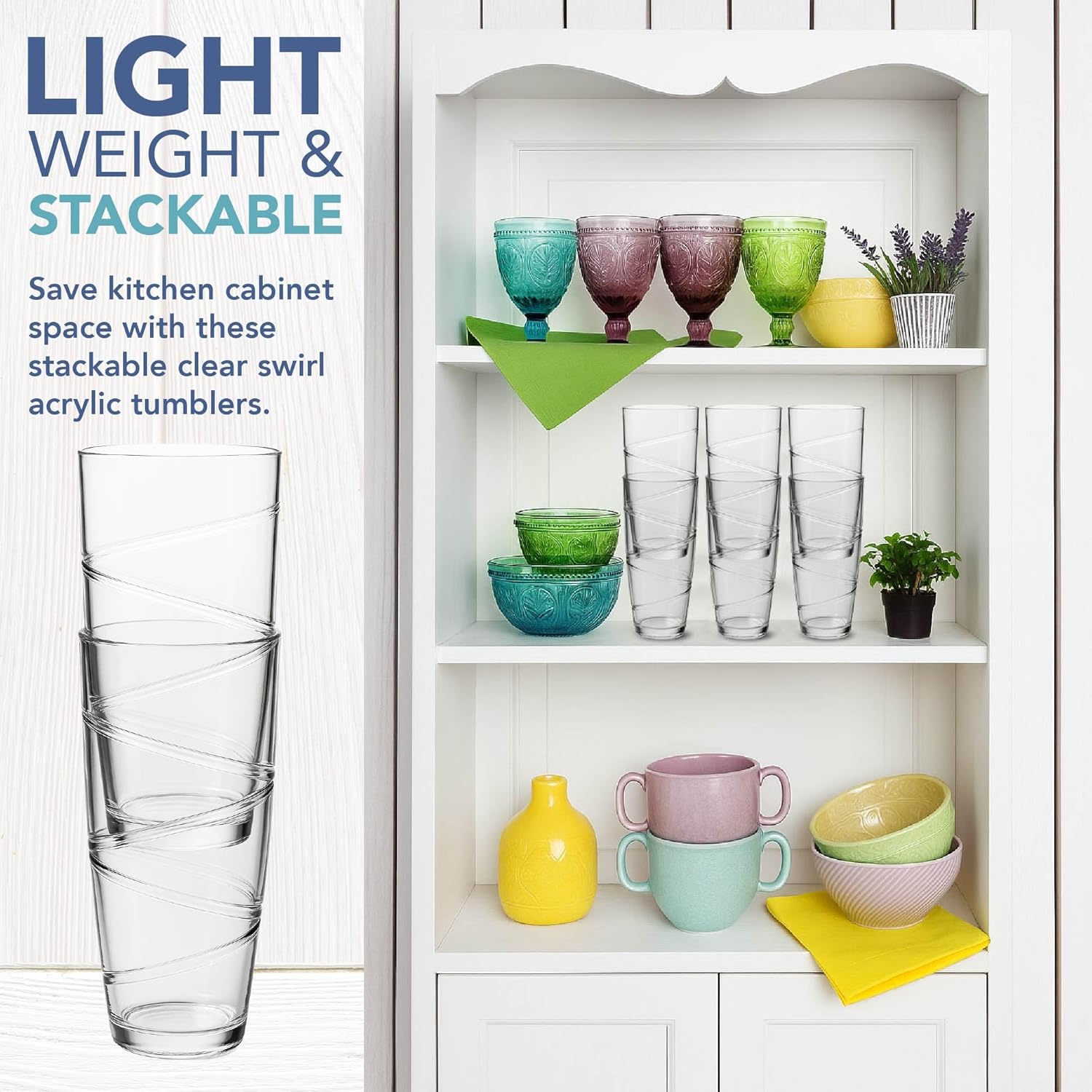 HEFTMAN Plastic Tumblers Set of 6-550ml Acrylic Tumbler Glasses with Swirl Design, Stackable Re-usable Plastic Glasses for Garden, Picnics, Camping, BBQs, Parties or Everyday Use (Clear) - Image 5