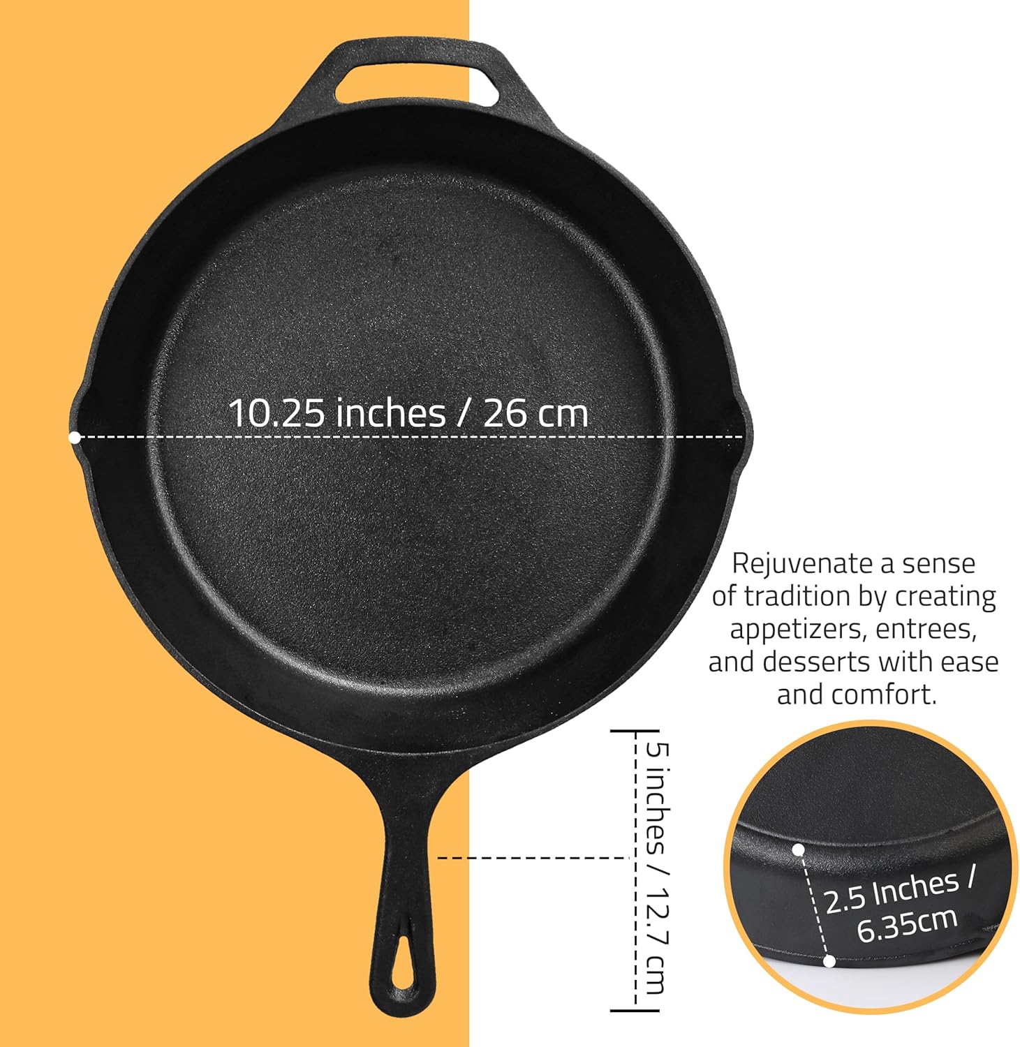 KICHLY 26 cm Pre-Seasoned Cast Iron Skillet Frying Pan with 2 Handles for Ease of use, Induction Compatible Cookware for Indoor & Outdoor Use (10.25 Inch, 26 cm, Cast Iron Pan, Induction Compatible) - Image 2