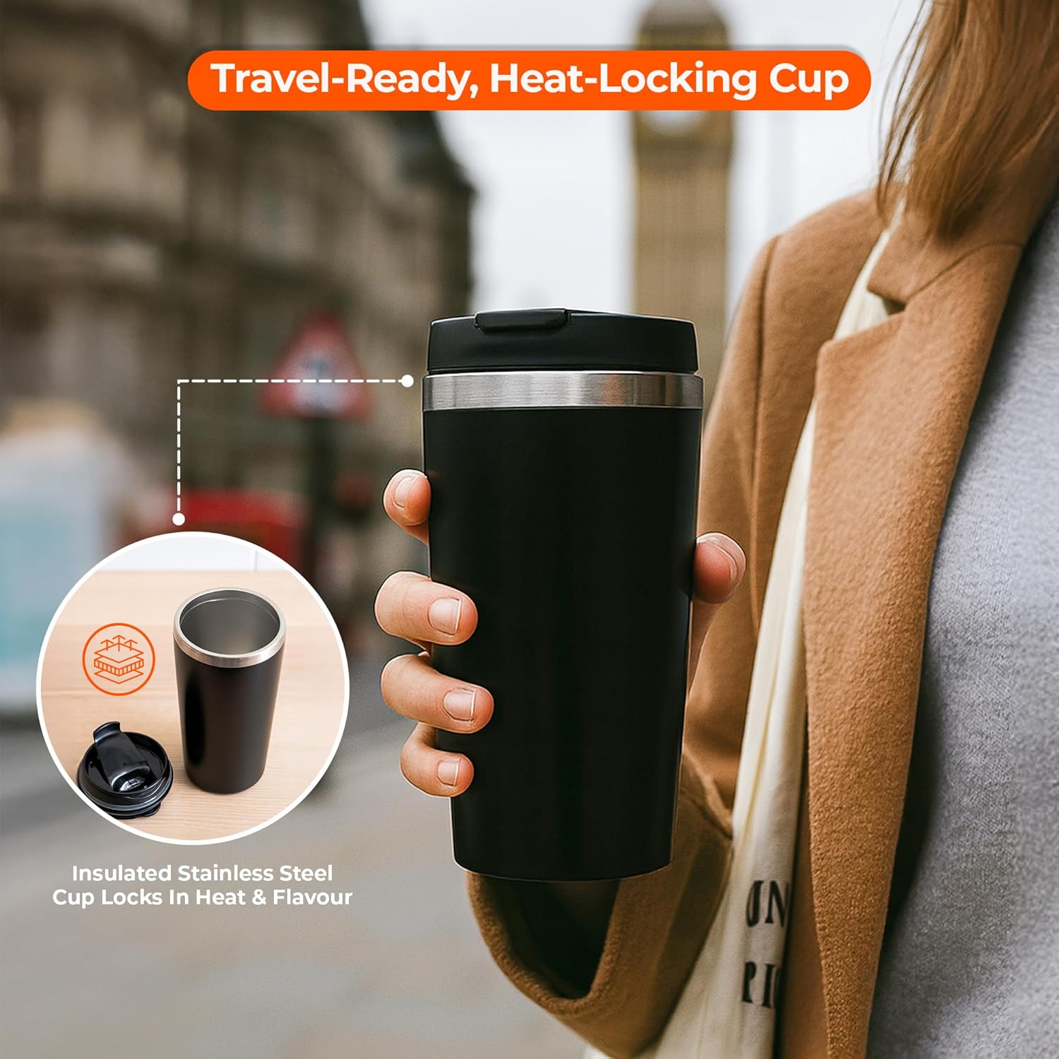 Innoteck 450W Single Serve Coffee Maker with Stainless Steel Interior 400ml Travel Mug – Compact Filter Coffee Machine with Reusable Nylon Filter, Fast Brewing & Overheat Protection – Black - Image 4