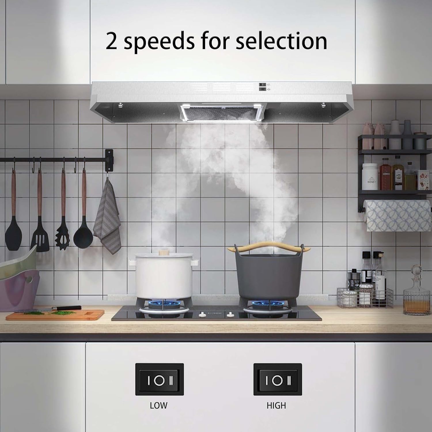 SNDOAS 30 inch Range Hood Ducted/Ductless Convertible Stainless Steel Range Hood Under Cabinet with Rocker Button Control,Vent Hood with LED Light,2 Speed Exhaust Fan,Under Cabinet Hood,Silver - Image 2
