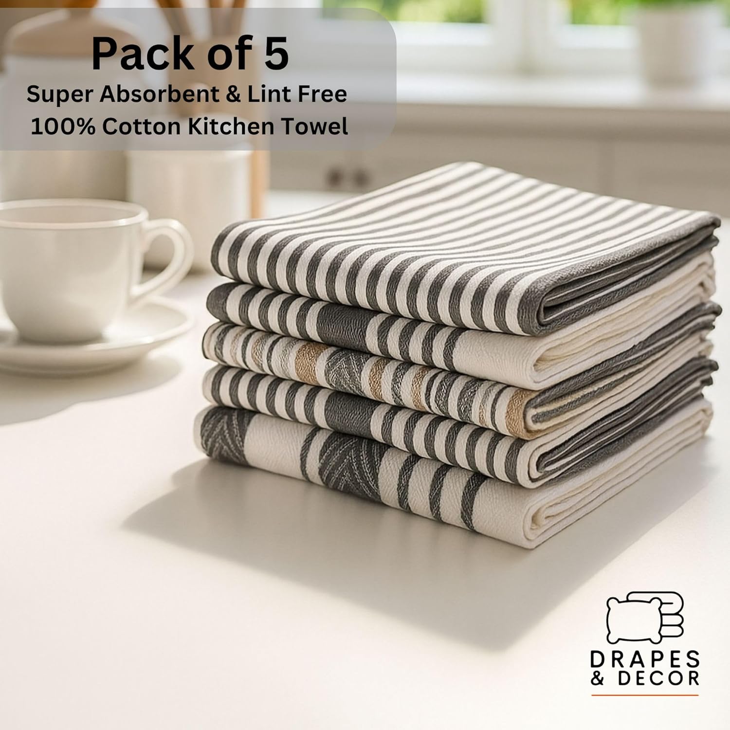DRAPES & DECOR Pack of 5-Grey Cotton Tea Towels for Kitchen Crafted With 100% Cotton, Extra Large Kitchen Tea Towels Lint Free, Soft and Absorbent Dish Towel For Drying Dishes (50x70cm)-300GSM - Image 6