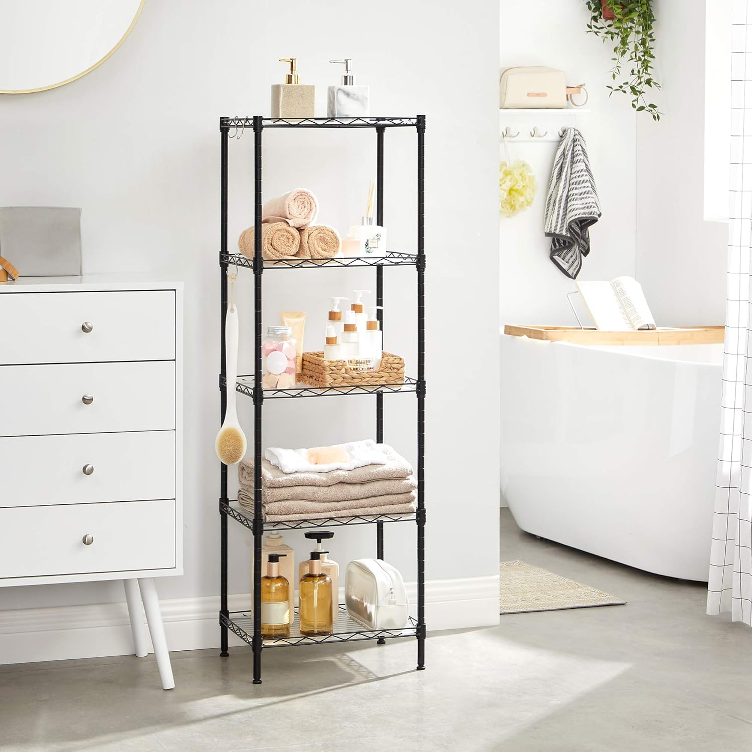 SONGMICS 5-Tier Shelving Unit, Metal Kitchen Storage Shelves, with Adjustable Wire Shelves, PP Liners, 8 Hooks, for Living Room, Garage, 30 x 40 x 121 cm, Black LGR115B01 - Image 5