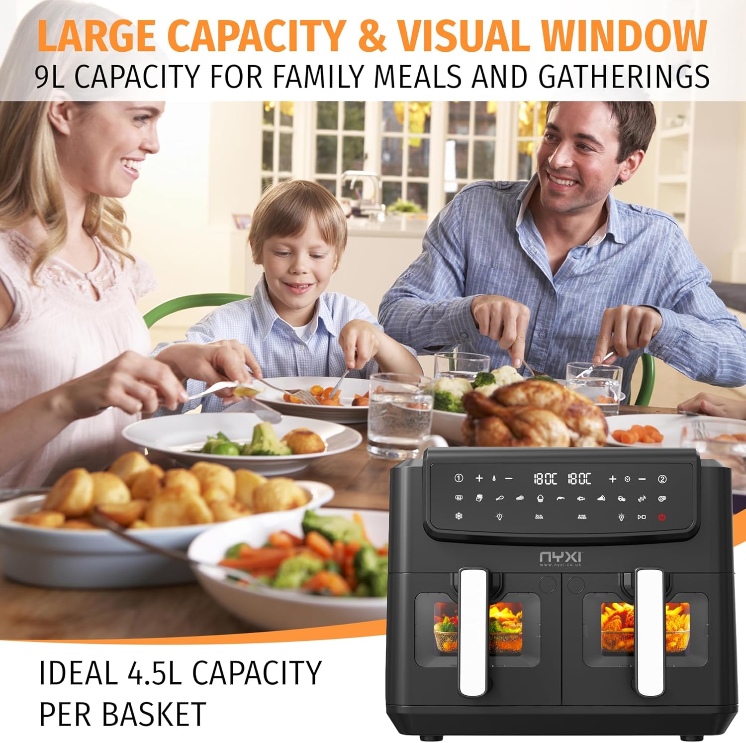 Nyxi Air Fryer 9L Dual Basket (4.5L Each), Visual Window, 13 Cooking Modes, Digital Control, Adjustable Temperature, Timer, Non-Stick Tray, Energy-Saving (Dual Basket, 9 Litre, Model 3867) - Image 6