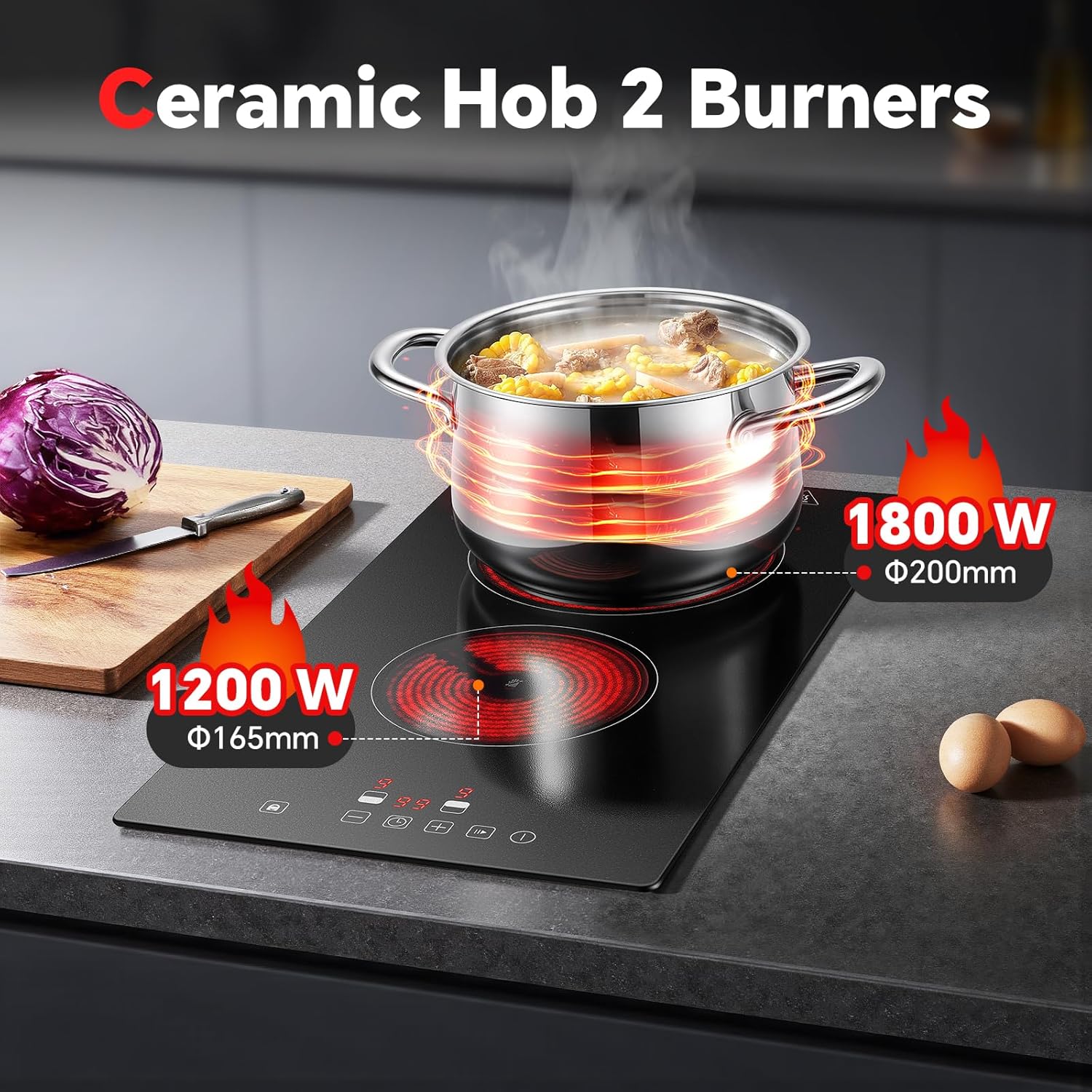 Ceramic Hob 2 Zones, Electric Plug in Hob 30cm 2 Burners, 2800W, 9 Power Levels, 1-99 min Timer, Residual Heat Indicator, Child Safety Lock, Compatible with All Pans & Pots - Image 2