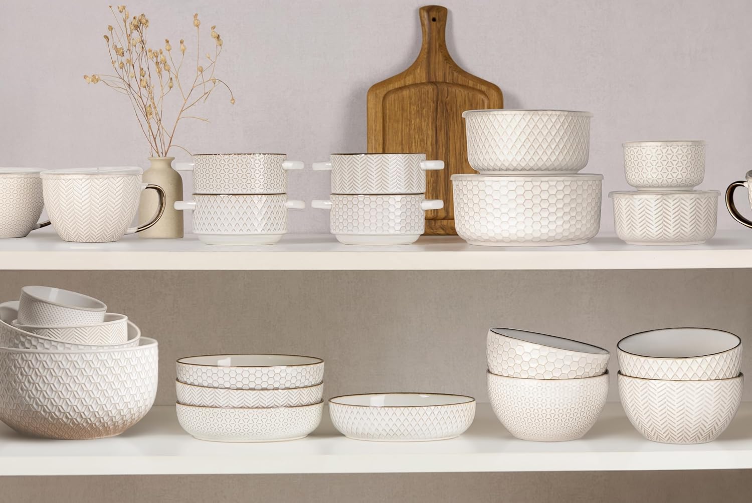KooK Ceramic Mixing Bowls, Nesting Set of 4, Embossed Kitchen Dishware, Prep, Serving, Gift, Microwave and Dishwasher Safe, 20/44/98/145 oz, Narbonne Collection (Ivory) - Image 5
