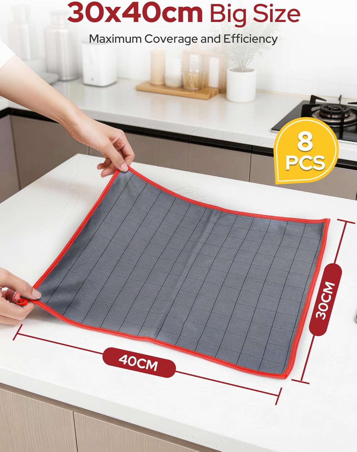 Euqvunn Carbon Microfibre Cleaning Cloths (8 Pack, 30x40cm) – 400GSM Lint-Free & Streak-Free | Grid Pattern for Stubborn Dirt & Grease | For Home, Kitchen, Car & Glass – Red - Image 6