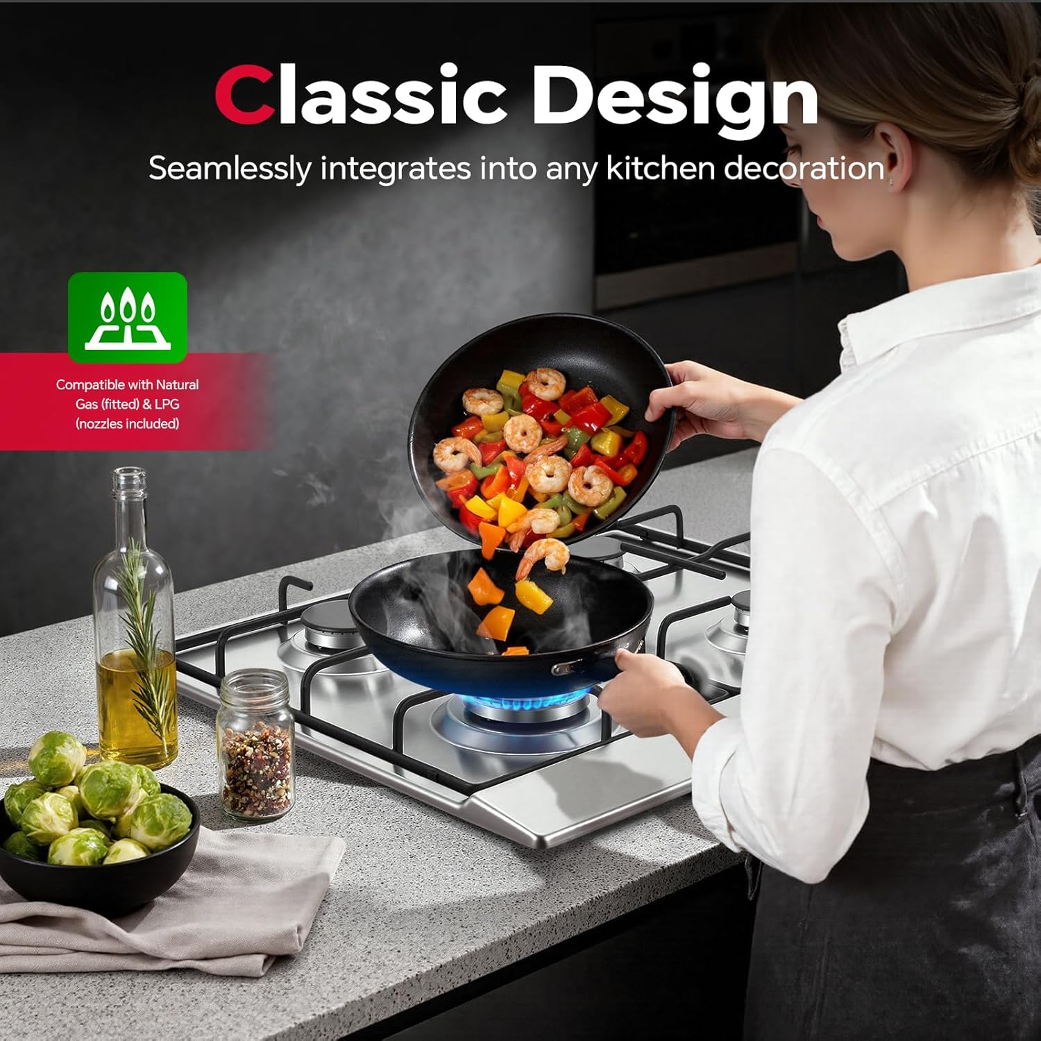 SNDOAS Gas Hob 4 Burners, 60cm Stainless Steel Cooktop, Built-in Gas cooker Hob, 7060W, NG/LPG Convertible, Silver Metallic Finish with Automatic Ignition - Image 5