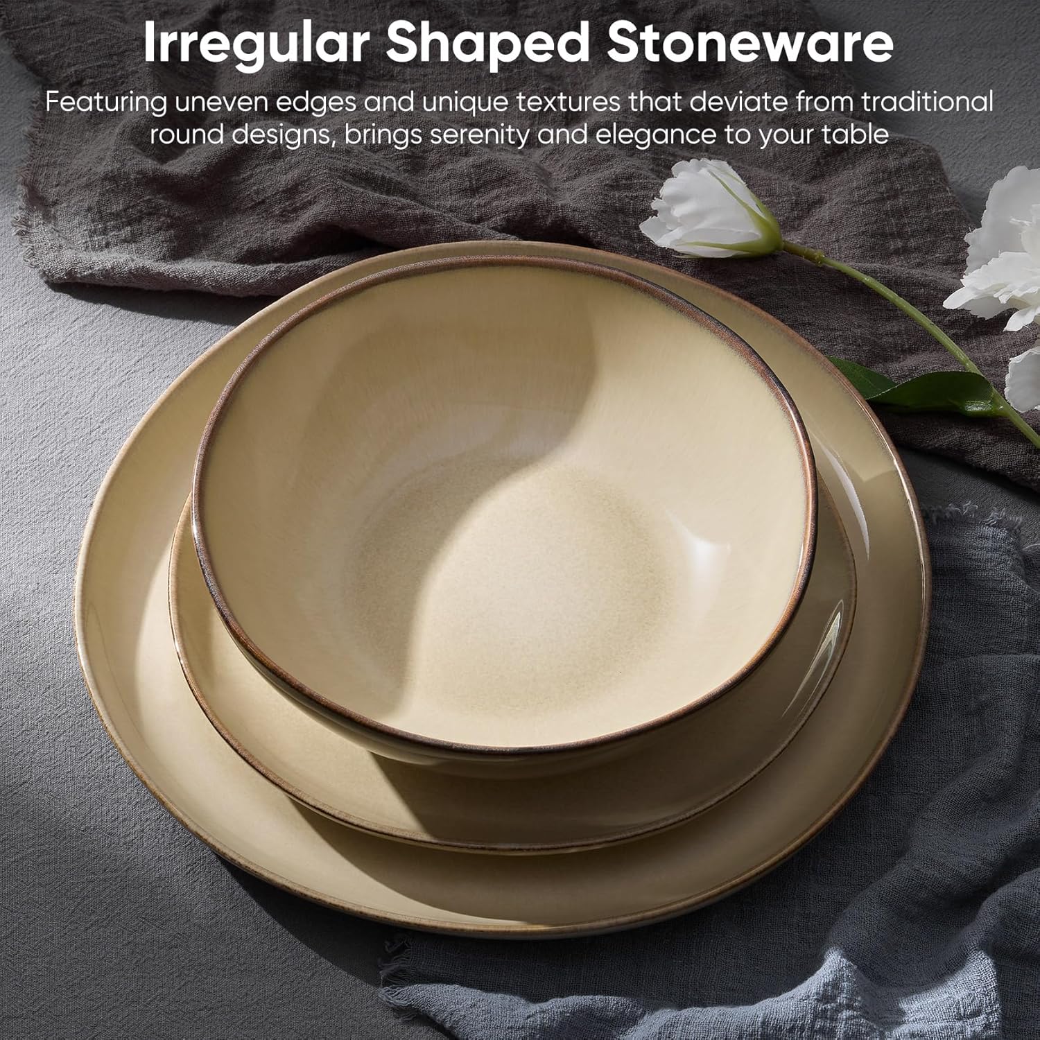 Homikit 12-Piece Dinner Set, Reactive Glaze Stoneware Dinnerware for 4 People, Irregular Shape Crockery with Plates and Bowls, Non-Toxic & Non-Scratch, Microwave and Dishwasher Safe - Caramel Dusk - Image 3