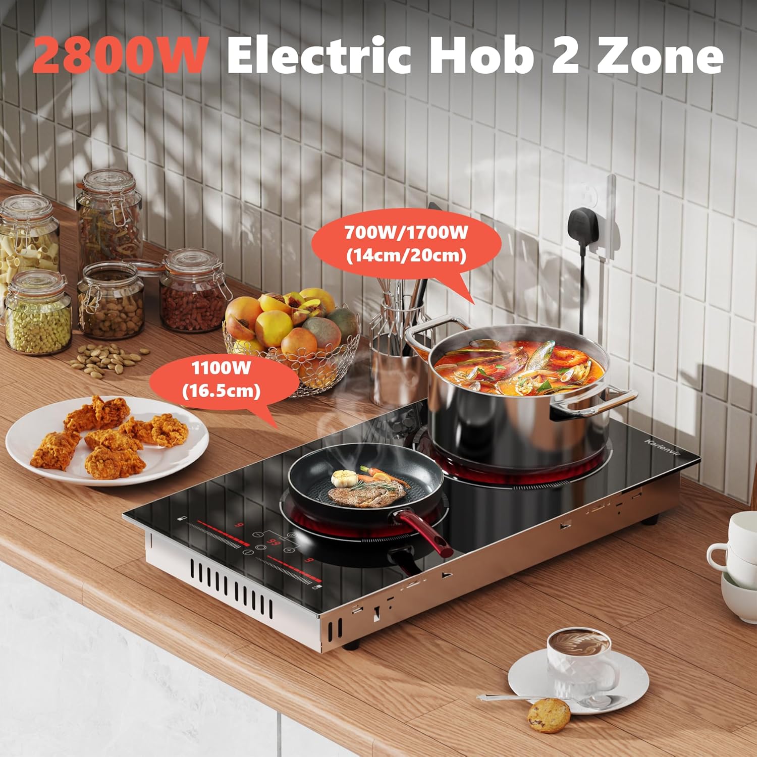 Ceramic Hob 2 Zone, 2 Ring Electric Hob Sliding Control, 30cm Built-in & Countertop Hob, 2800W, 220-240V with Plug, Safety Lock,Timer, Karienvir - Image 2