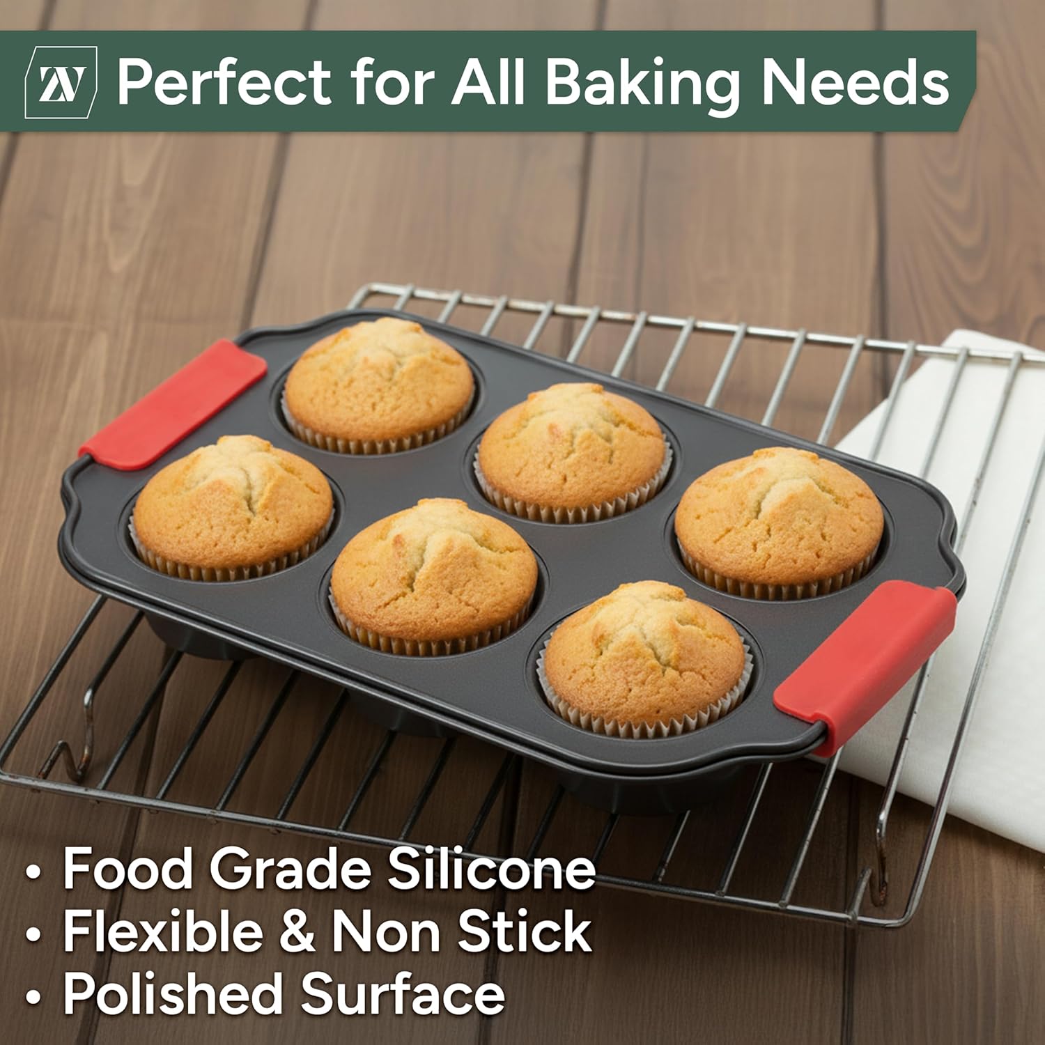 Zuvo Non-Stick 6 Cup Muffin Tray with Silicone Handles Dishwasher Safe Cupcake Pan Muffin Tray with Stain-Resistant Baking Mould for Cupcakes Bakeware, Black - Image 6