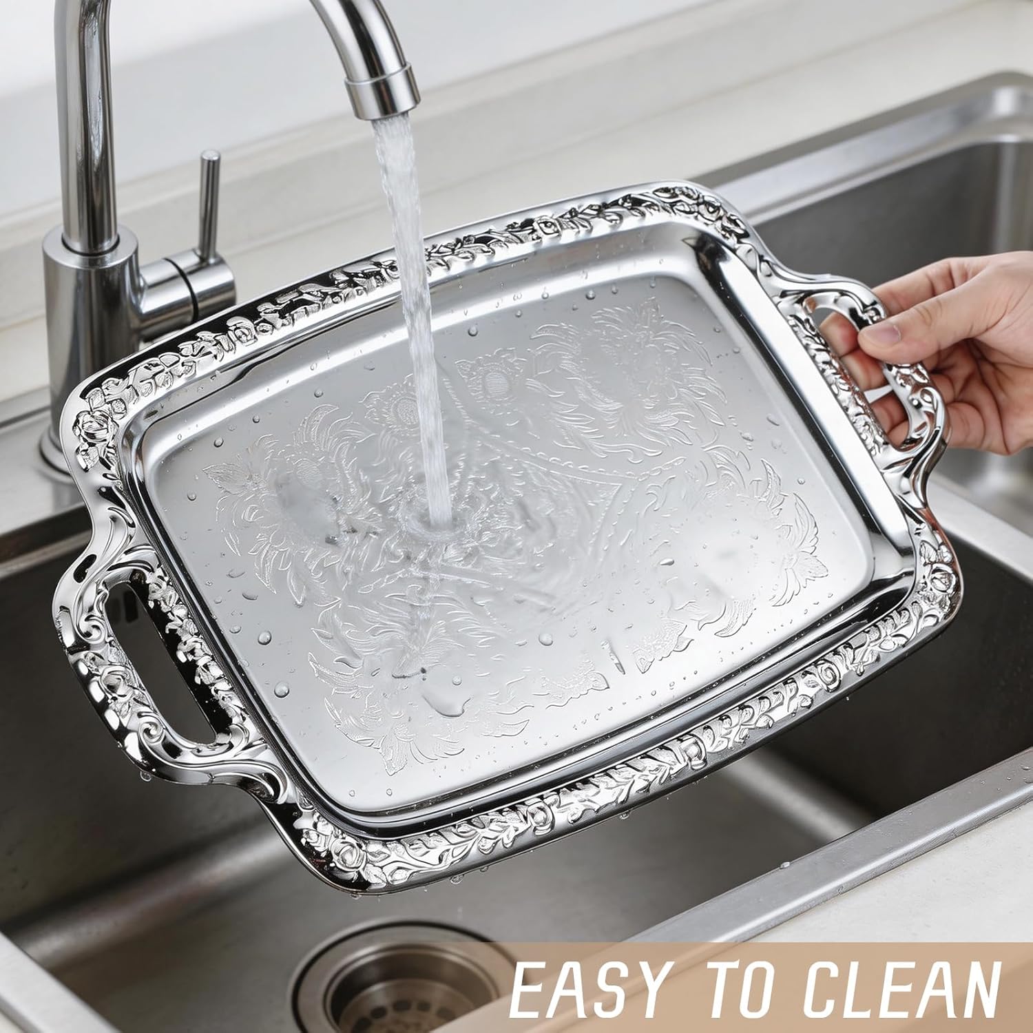 PartyKindom Serving Dishes with Handles – 15 Inch Silver Tray for Coffee Table, Large Metal Rectangle Platter for Party Food Breakfast Tea Farmhouse Home Decor - Image 8