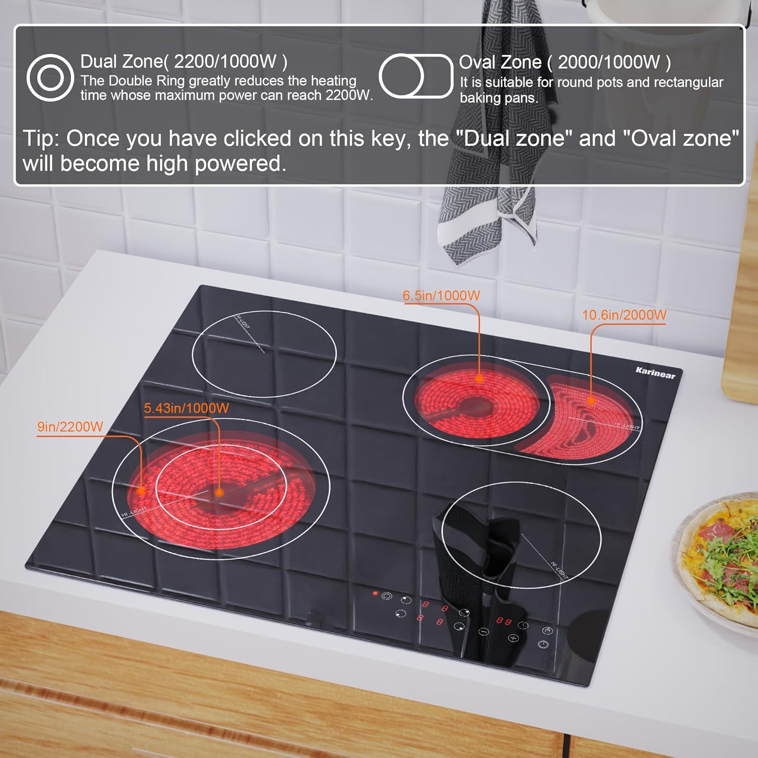 Karinear Ceramic Hob, 60cm Built-in 4 Zones Electric Cooktop with Dual Oval Zone 6600W, Hard Wired, No Plug Included - Image 2