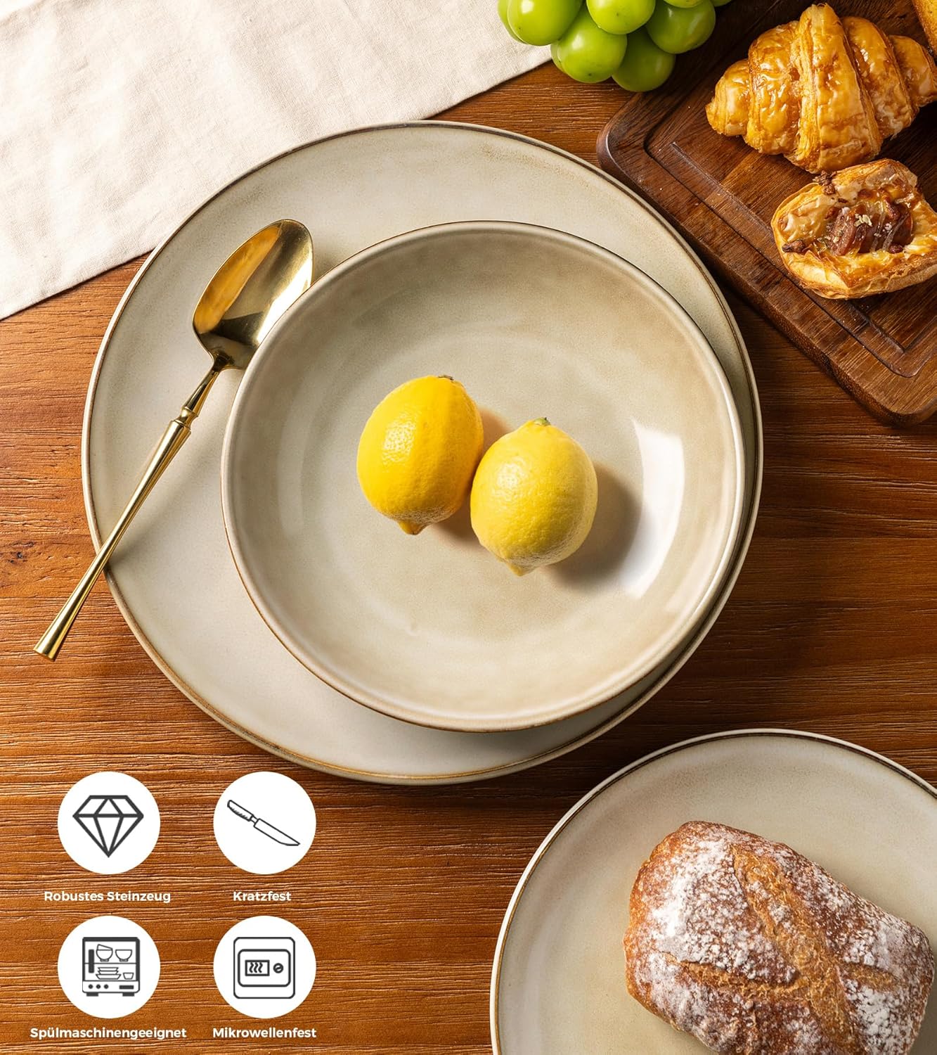 GBHOME Ceramic Dinnerware Sets for 6, 24 Pieces Handpainted Plates and Bowls Set, Scratch Resistant Stoneware Dishes Set, Dishwasher & Microwave Safe, Cappuccino - Image 4