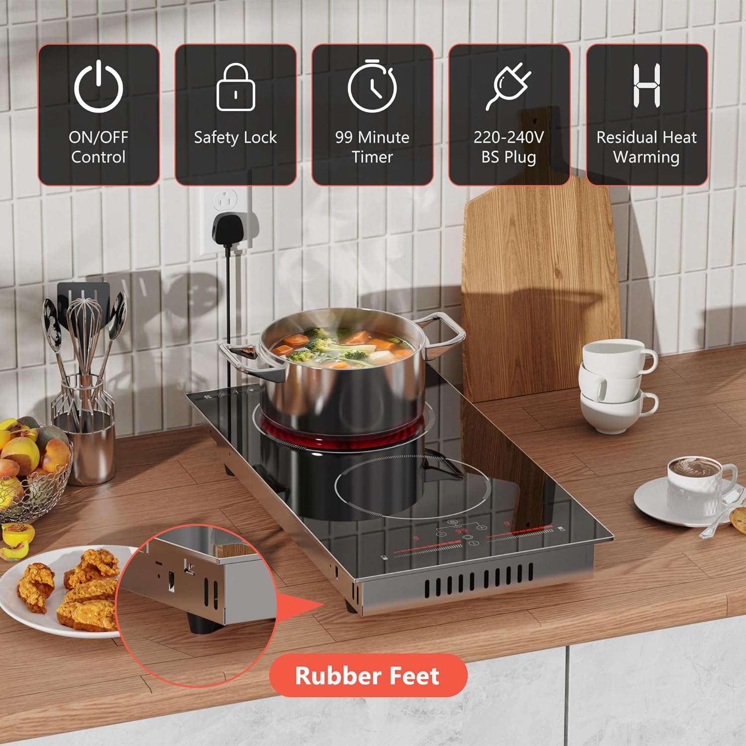 Ceramic Hob 2 Zone, 2 Ring Electric Hob Sliding Control, 30cm Built-in & Countertop Hob, 2800W, 220-240V with Plug, Safety Lock,Timer, Karienvir - Image 5