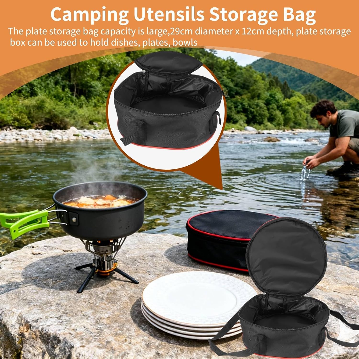 Camping Utensils Storage Bag Camping Dinnerware Organiser with Handles and Double Zippers Plate Holders Dinnerware Storage Container for Plates Bowls Cups Travel Picnic Barbecue - Image 2