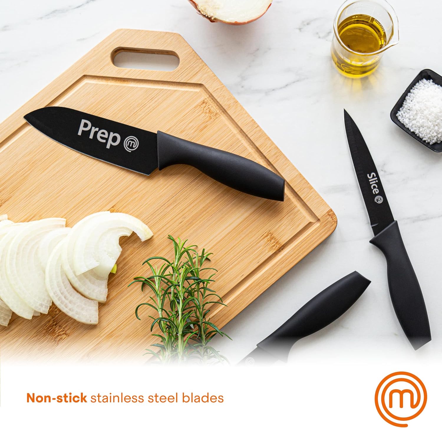 MasterChef Kitchen Knives Set of 3 for Cooking - Chef Knife, Paring Knife & Utility Knife with Professional Sharp Stainless Steel, Non Stick Coated Blades & Soft Touch Handles for Easy Grip, Black - Image 4