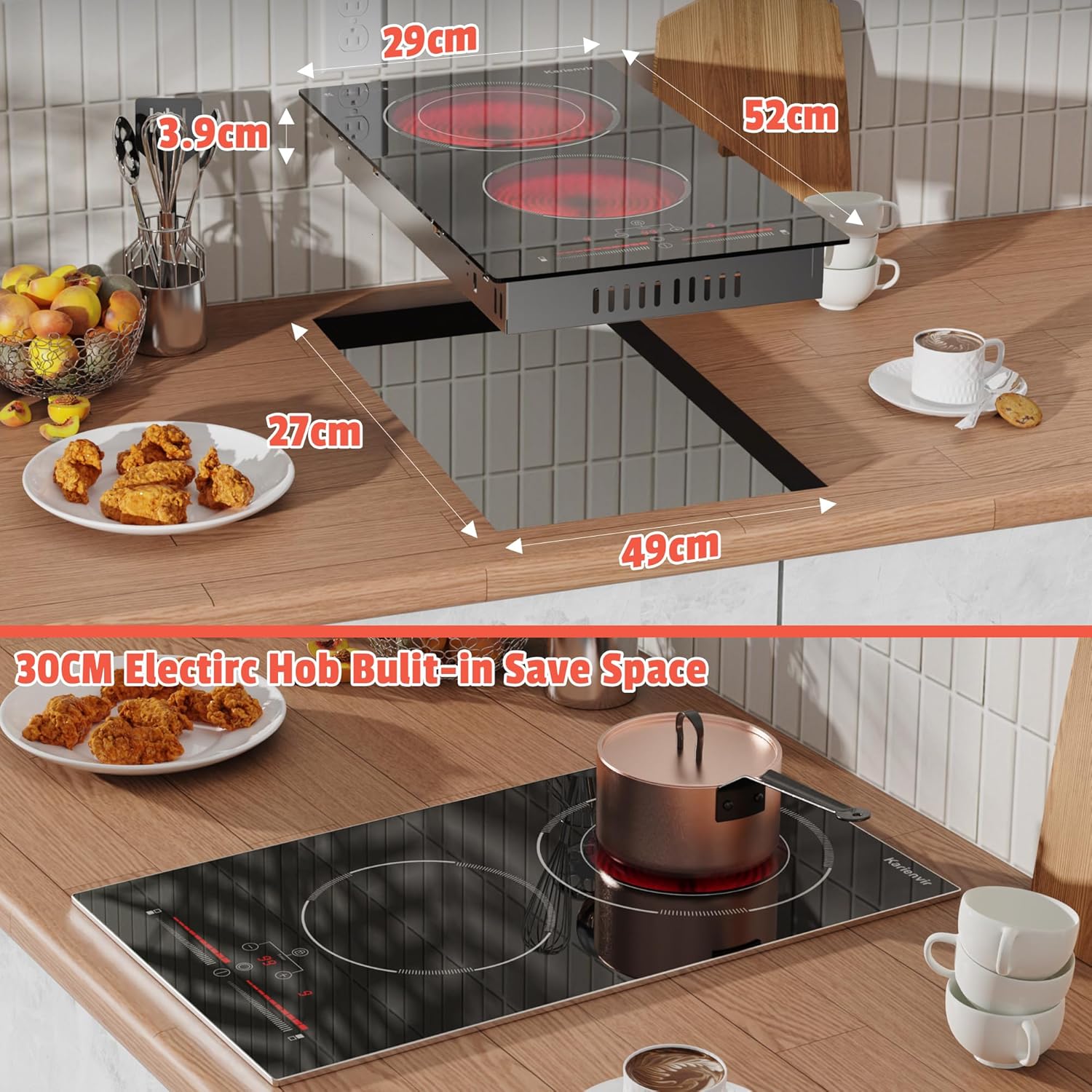 Ceramic Hob 2 Zone, 2 Ring Electric Hob Sliding Control, 30cm Built-in & Countertop Hob, 2800W, 220-240V with Plug, Safety Lock,Timer, Karienvir - Image 7