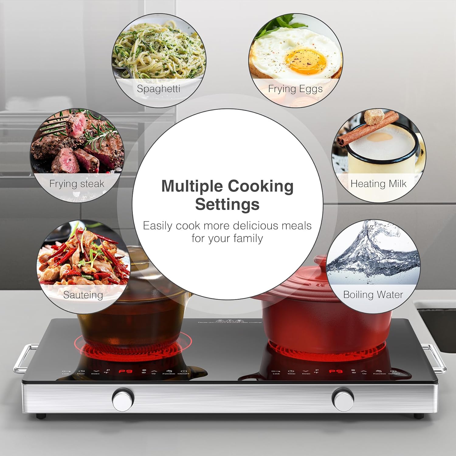 VBGK 2 Ring Electric Hob with Handle, 3520W Ceramic Hob 2 Zone, Double Electric Ceramic Hob Countertop, Safety Lock & 3H Timer, 220V-240V Plug in - Image 6