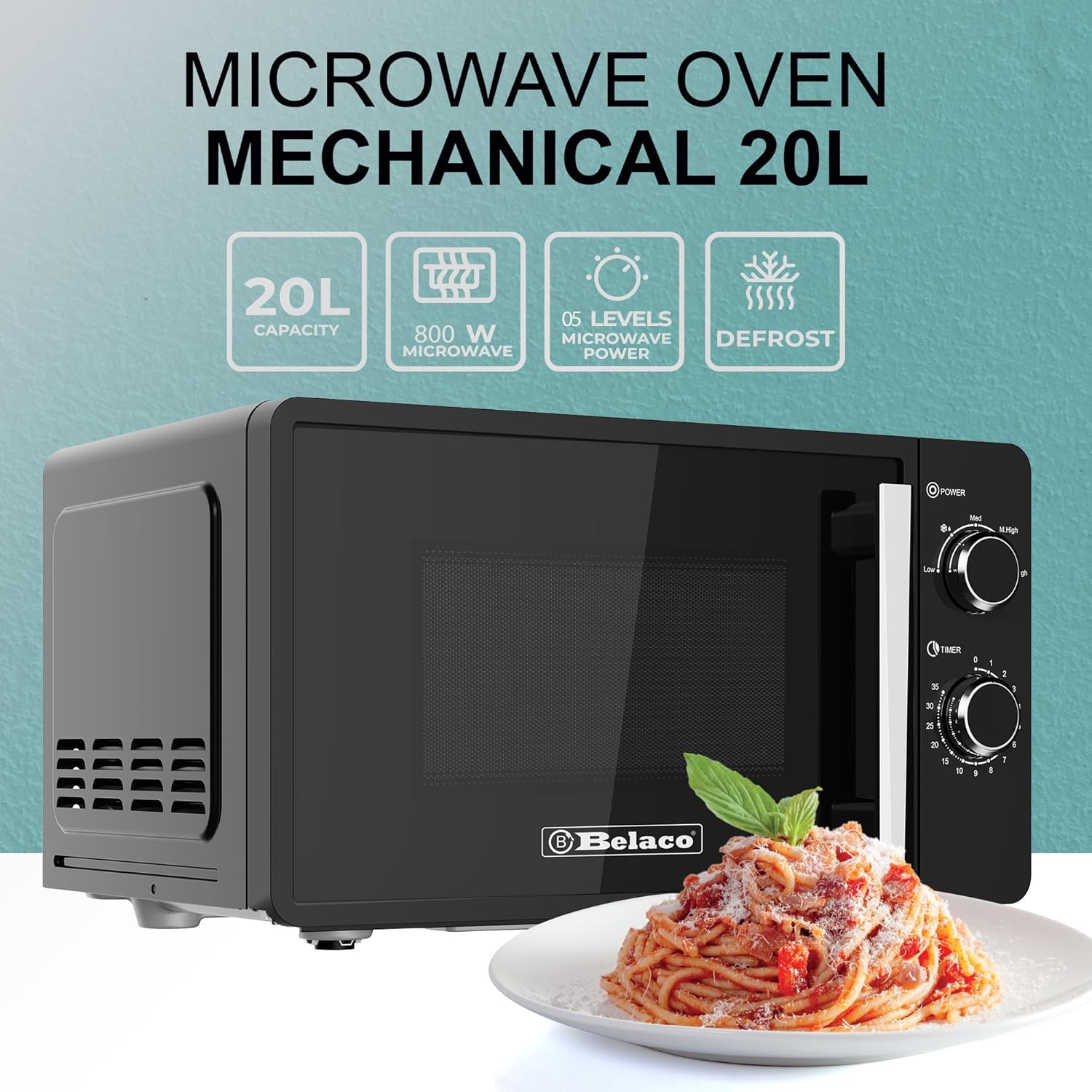 Belaco 800W Microwave Compact Size Microwave Oven with Manual Control, 10 Power Levels, 20L Capacity, Timer Function, Easy Clean Interior Ideal for Home or Office Use - Image 2