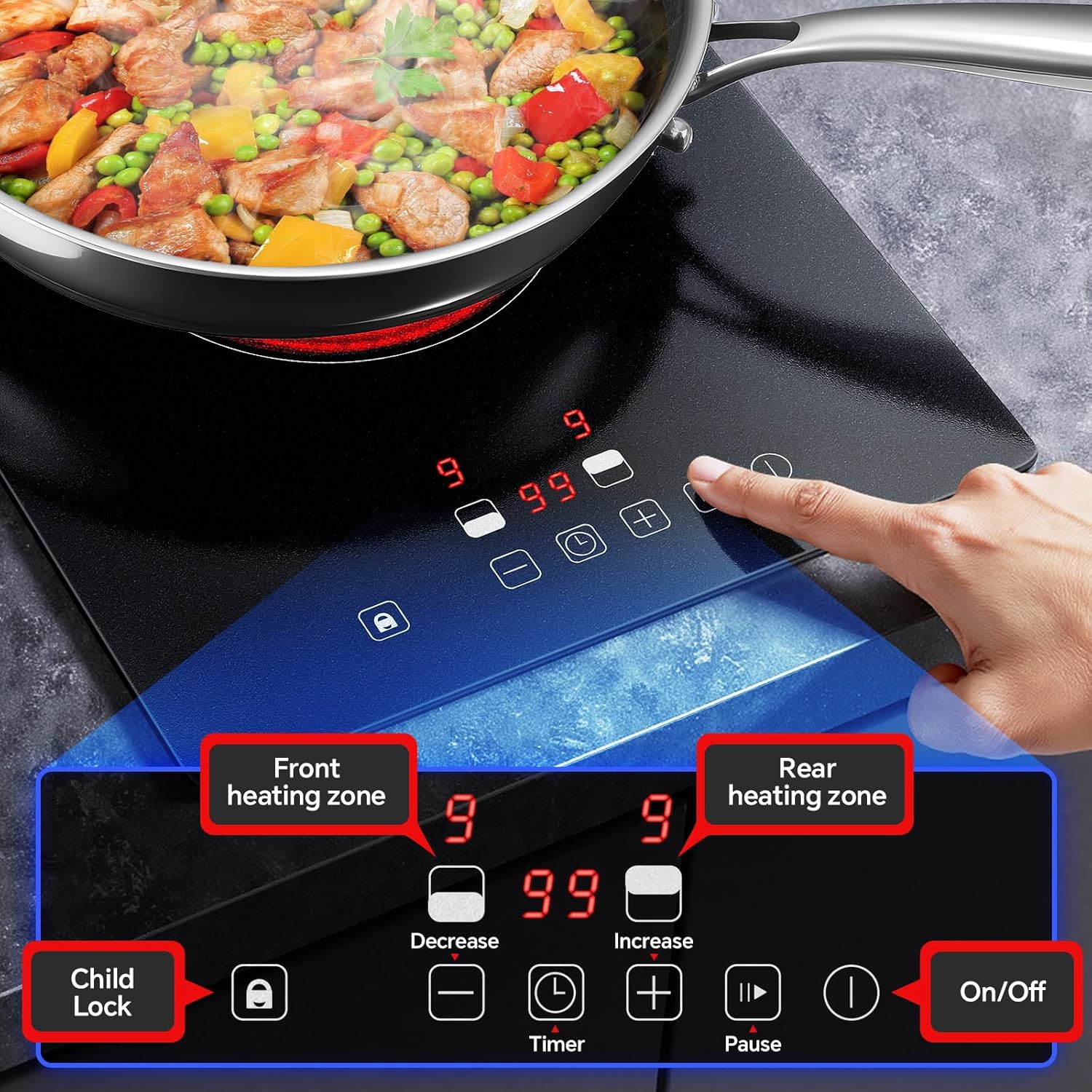 Ceramic Hob 2 Zones, Electric Plug in Hob 30cm 2 Burners, 2800W, 9 Power Levels, 1-99 min Timer, Residual Heat Indicator, Child Safety Lock, Compatible with All Pans & Pots - Image 3