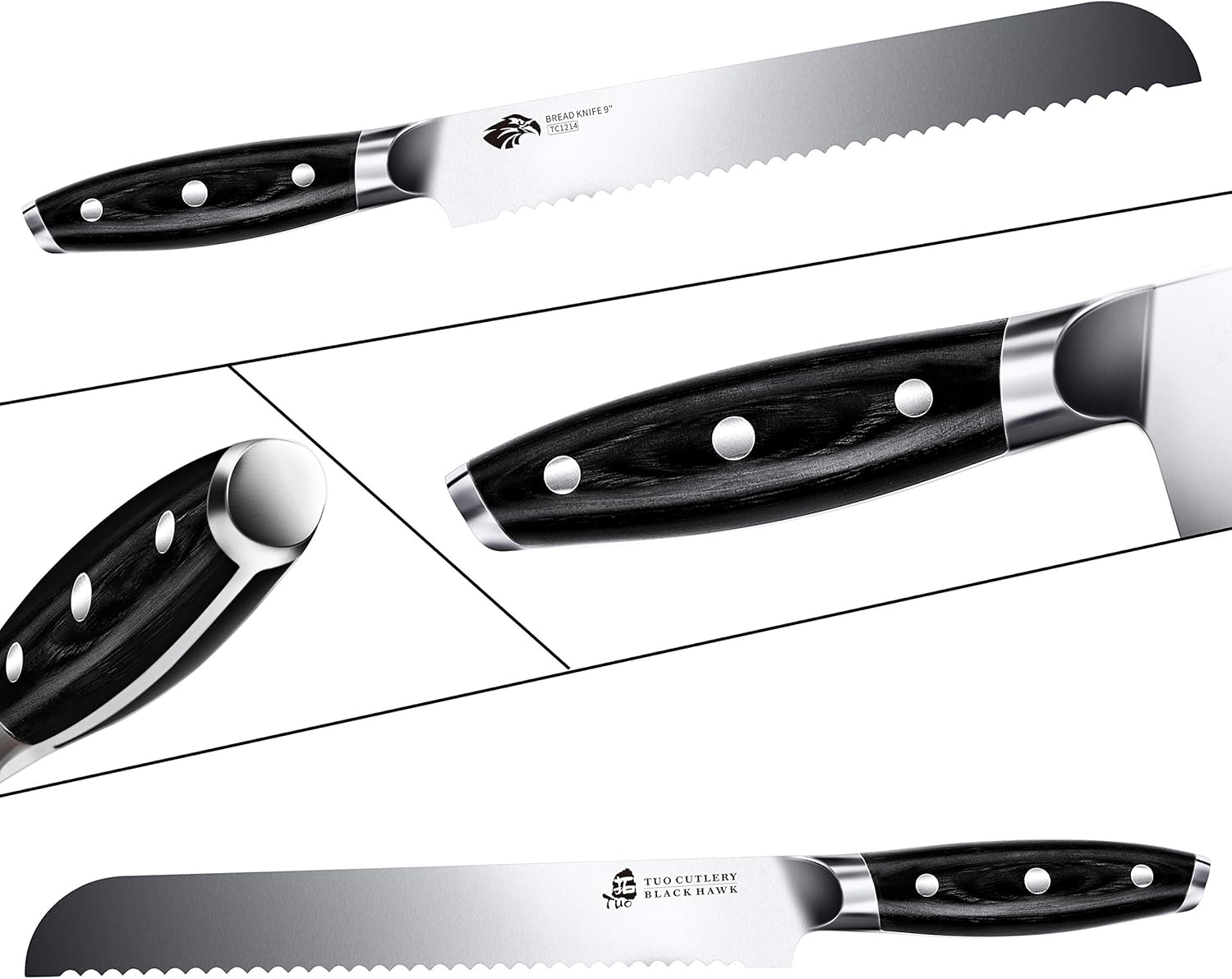 TUO Bread Knife, 9 inch Serrated Bread Cutting Knife, Multifunction Design for Sourdough Fruit, German High Carbon Stainless Steel with Full Tang Handle-Black Hawk Series - Image 3