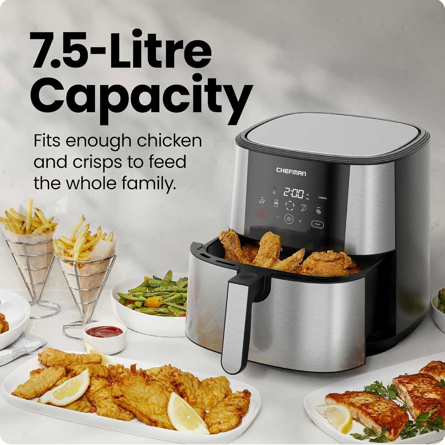 Chefman TurboFry® Touch Air Fryer, XL 7.5 Litre Family Size, 1800W Power, 4 Presets, Uses No Oil, Nonstick Dishwasher-Safe Parts, Automatic Shutoff, Stainless Steel, Uk - Image 4