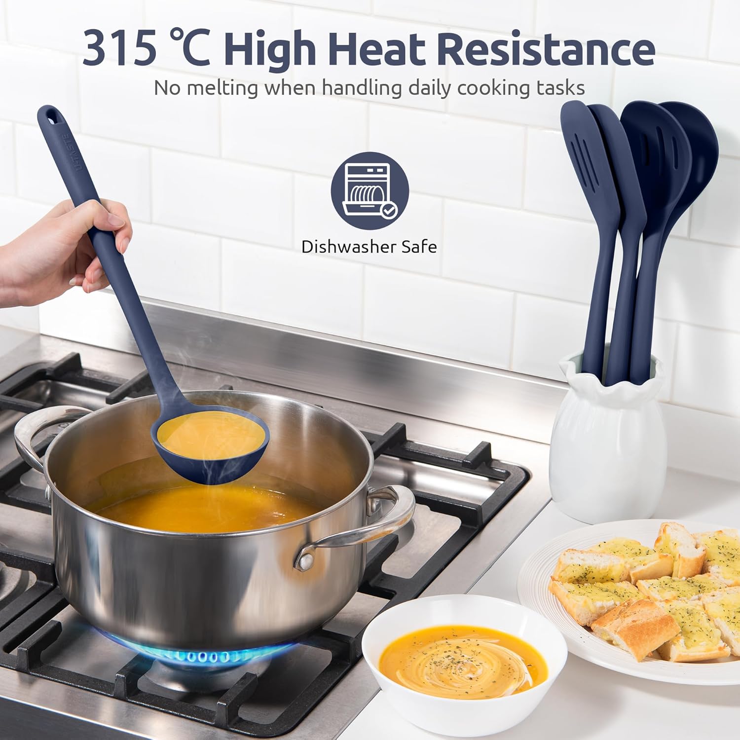 U-Taste Extra Long Silicone Kitchen Utensils, 5 Pcs 315℃ Heat Resistant Food Grade Cooking Tools Non-Stick Silicone Spatula Turner Spoon for Mixing Serving Frying Stirring Draining (Midnight Blue) - Image 3