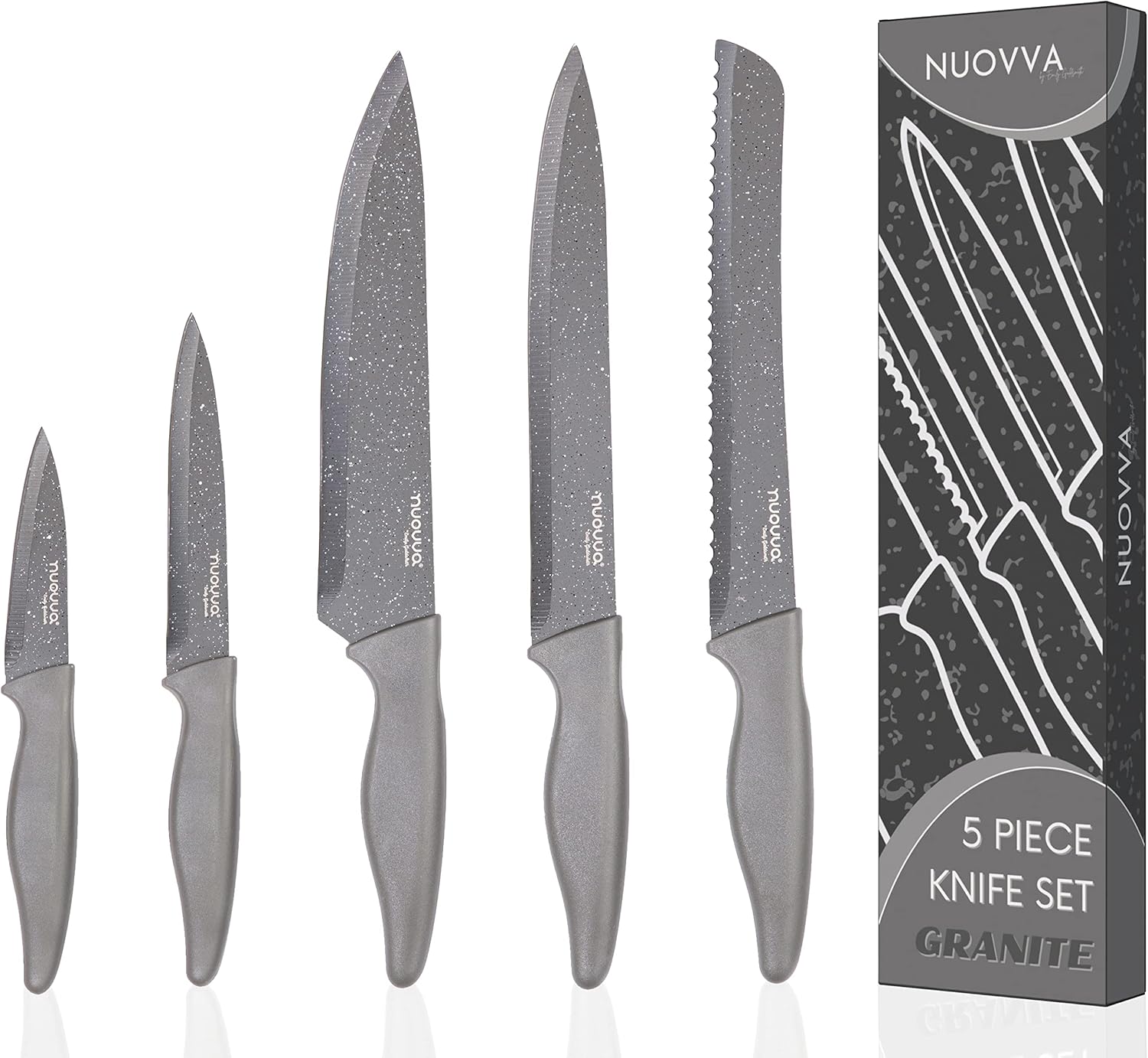 nuovva Professional Kitchen Knife Set – 5Pcs Stainless Steel Grey Granite Knife Set - Sharp & Non Stick Blades Lightweight – Chef, Bread, Utility, Filleting & Paring Tools