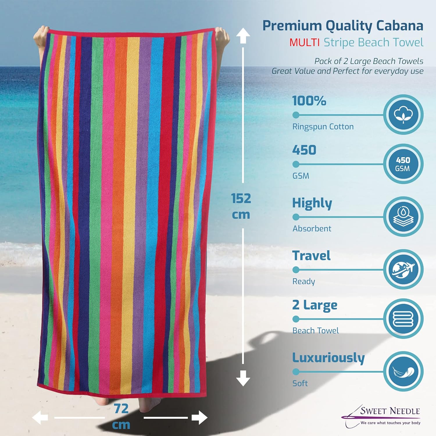 SweetNeedle Beach Towels for Adults Pack of 2 - Miami Vibe Multi Cabana Stripe Classic - 100% Cotton Terry Ringspun Pool Towel, Quick Dry, Super Absorbent Swimming large towel, 76 x 152 cm - Image 3