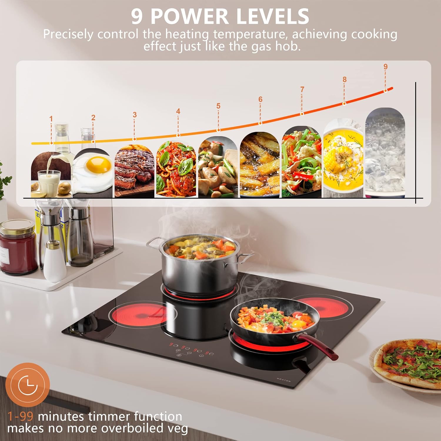 NOXTON Ceramic Hob, Built-in 4 Zone Electric Hob Cooker 60cm Unrestricted Pans 9 Power Level Heat Evenly Black Glass Touch Controls Safe Lock Heat Indicator - Image 3