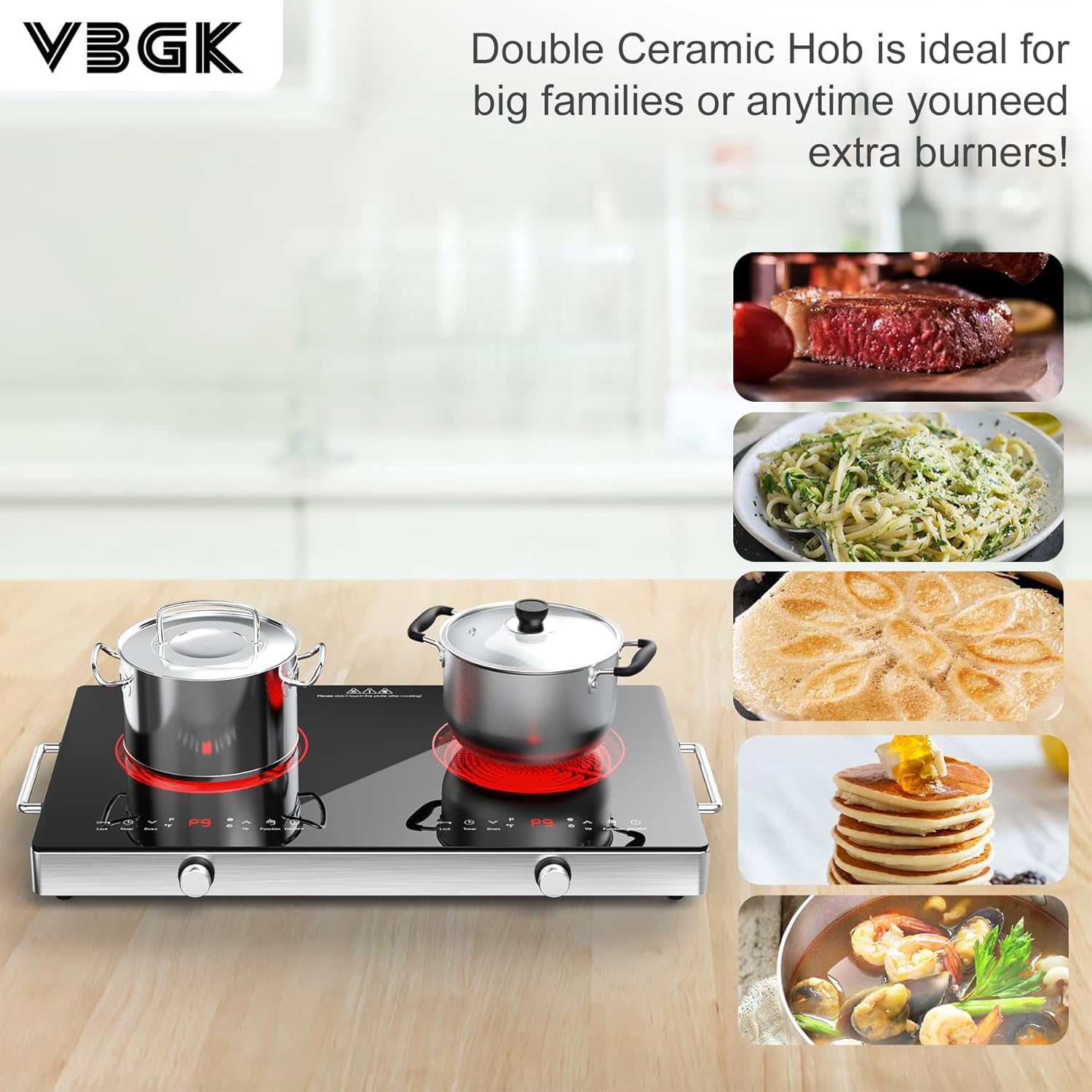 VBGK 2 Ring Electric Hob with Handle, 3520W Ceramic Hob 2 Zone, Double Electric Ceramic Hob Countertop, Safety Lock & 3H Timer, 220V-240V Plug in - Image 3